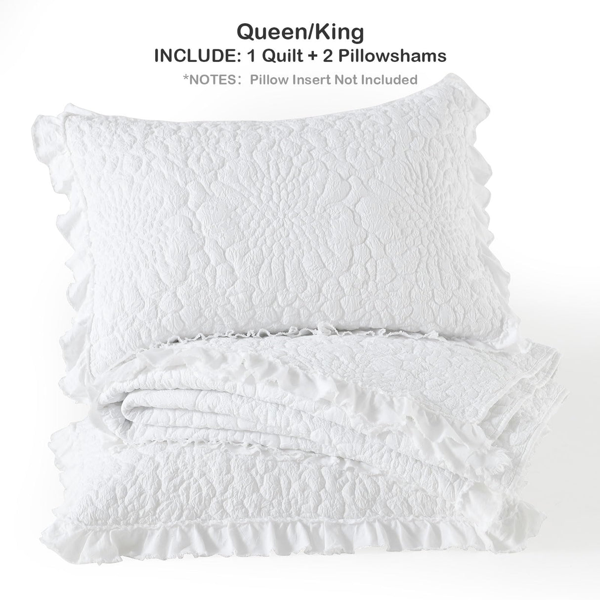 HORIMOTE HOME White Ruffled Quilt Queen Size, Stone-Washed Microfiber Lightweight Crinkled Farmhouse Rustic Shabby Chic Bedding Set, 3 Pieces Reversible Bedspread with Pillow Shams for All Season HORIMOTE HOME