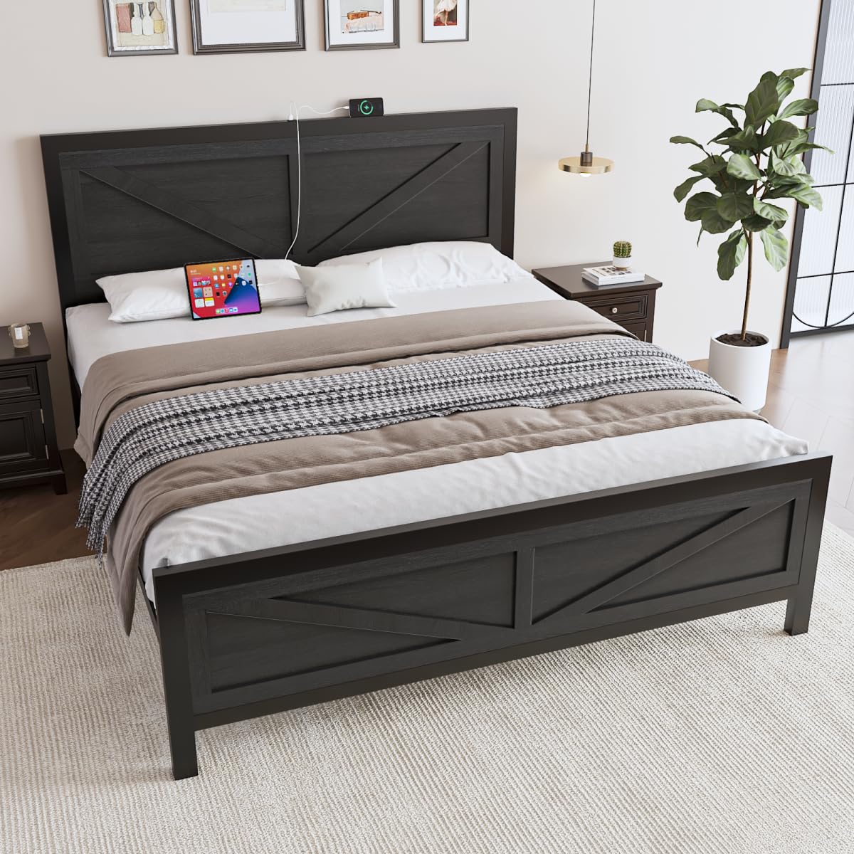 DOGIBIXO Full Size Bed Frame with Led Lights and USB Charging, Industrial Platform Bed Frame with Farmhouse Barn Door Headboard, Strong Metal Slats Support, Noise Free, No Box Spring Needed, Black DOGIBIXO