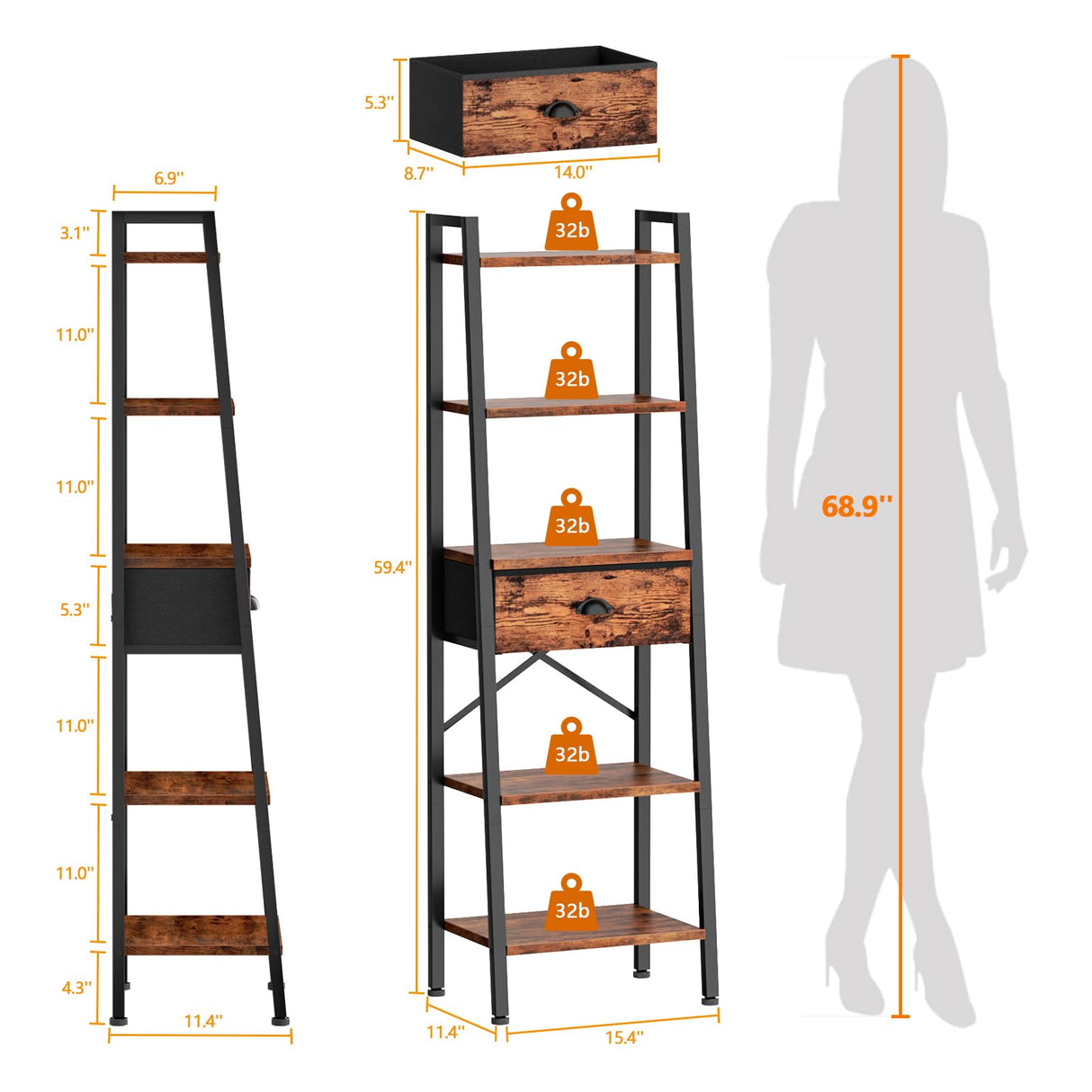 Furologee 5 Tier Ladder Shelf with Drawer, Tall Bookshelf Storage Shelves, Bookcase Standing Shelf Units, Industrial Open Display Shelves Organizer for Bedroom, Living Room, Kitchen, Rustic Brown Furologee