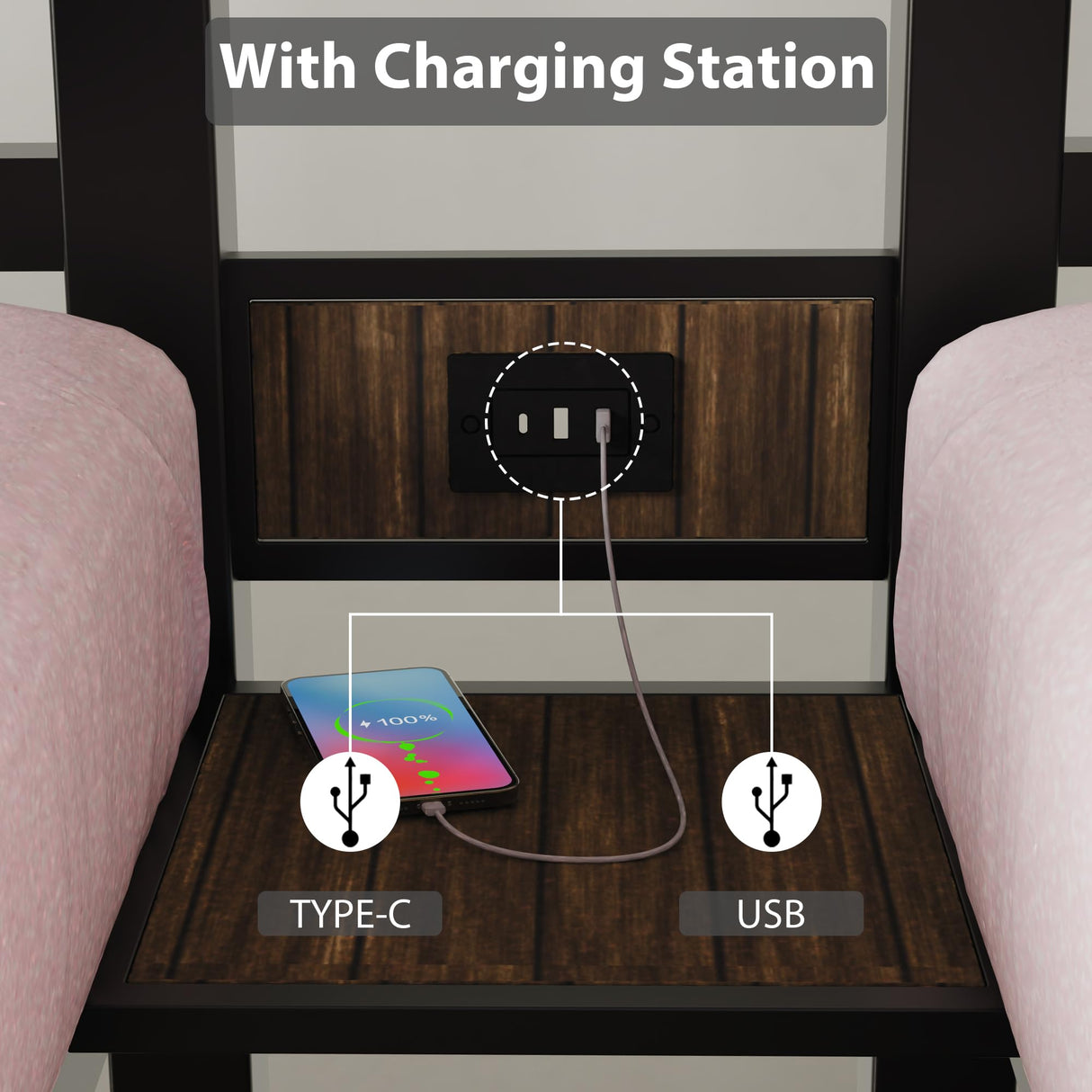 DreamBuck Triple Bunk Bed with Charging Station, Twin Over Twin Over Twin Metal Bunk Bed with Ladder, Guardrail & Storage Shelf, Convertible 3 Bunk Beds for Kids & Adults, Black DreamBuck