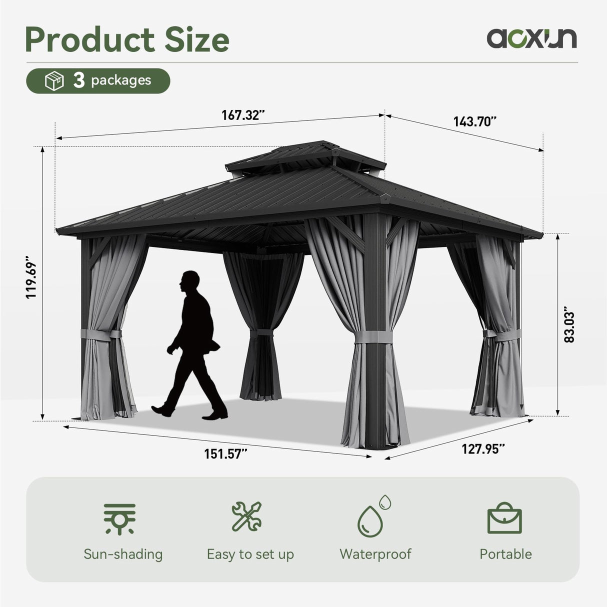 Aoxun 12'x14' Hardtop Gazebo, Aluminum Frame Canopy with Double Galvanized Steel Roof, Outdoor Metal Pavilion with Netting, Curtains for Backyard, Patio and Deck Aoxun