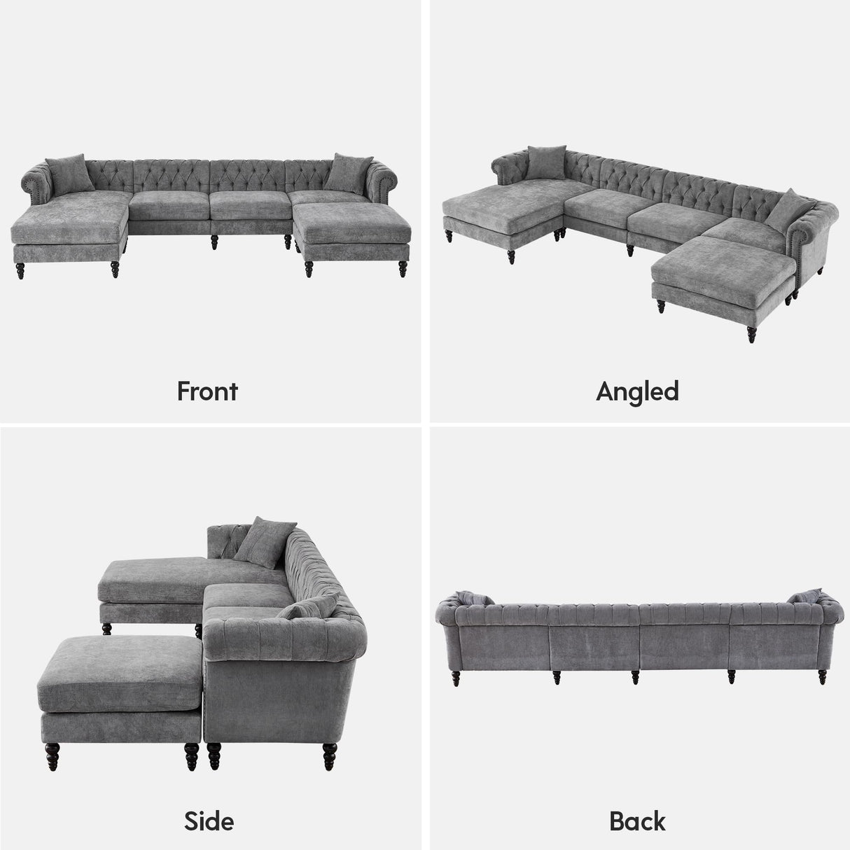 U Shaped Chesterfield Sofa, Oversized Sectional Linen Couch, Chaise Ottoman Sofa Upholstered Accent Tufted Couch with Rolled Armrest and Nailhead Design for Living Room, Office - Grey ORRD