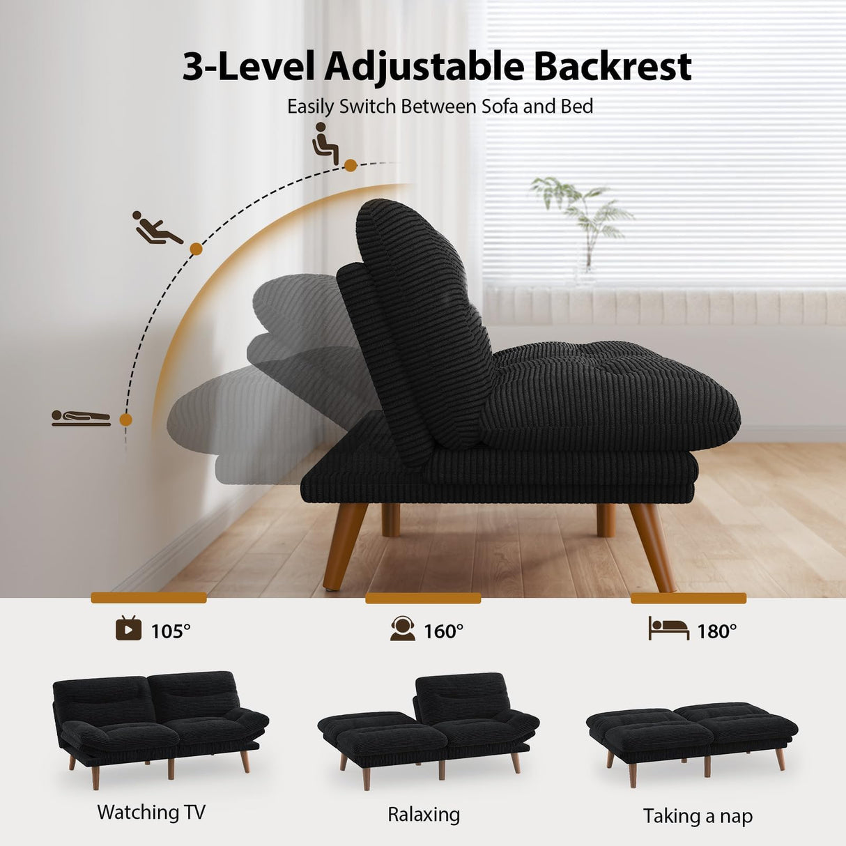 PERLECARE Convertible Futon Sofa Bed, 66" Corduroy Futon Couch with Adjustable Backrest and Armrests, 3-in-1Recliner Sleeper Sofa for Small Spaces, Play Room,Living Room or Office(Black,66 in) PERLECARE