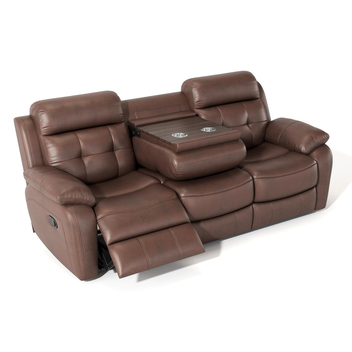 Familymill Genuine Leather Manual Reclining Sofa Couch with Drop Down Table, Stainless Steel Cupholders, and Magazine Bag for Living Room Home Theater Office Familymill