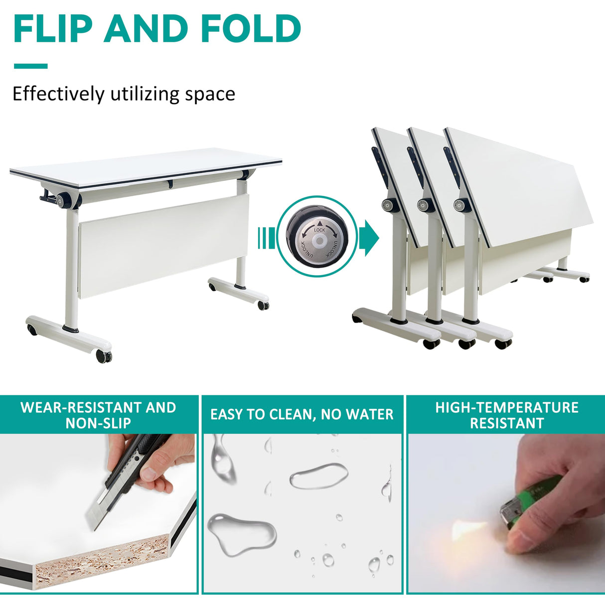 Folding Conference Table, Foldable Conference Rooms Training Rooms Flip Top Mobile Training Table, With Caster Wheels Long Seminar Table for Meeting Room, Rectangular Modular Conference Room Table AKFJOSGE
