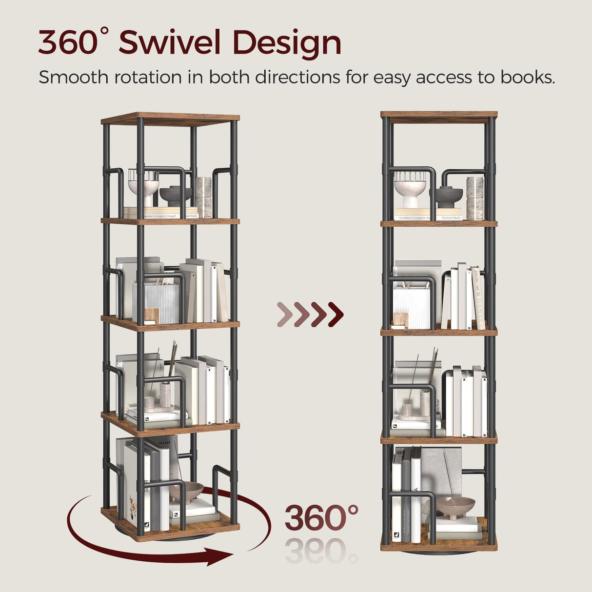 MAHANCRIS 4-Tier Rotating Bookshelf, Freestanding Corner Bookshelf, 360° Spinning Bookcase, Industrial Style Storage Rack with Rails, for Living Room, Bedroom, Study, Rustic Brown and Black BKHR1501 MAHANCRIS