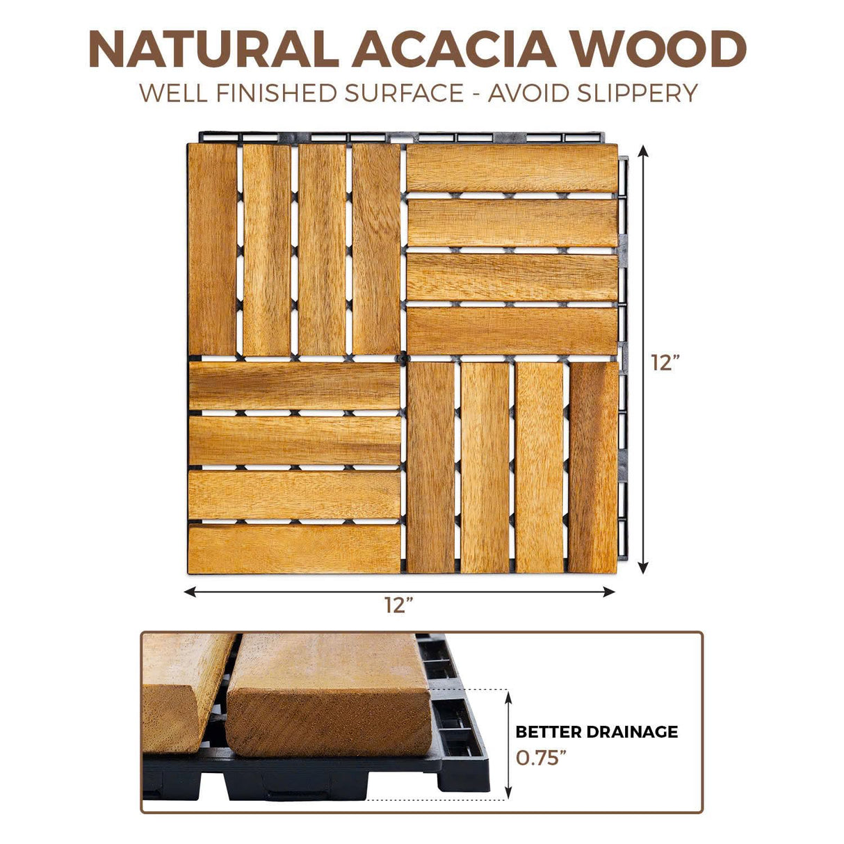 CLOVERHOLM 10 PCs Interlocking Deck Tiles, 12x12x0.75 inches Waterproof Wood Patio Floor Tiles for Indoor and Outdoor, Easy Snap Flooring, Balcony, Backyard, Square Joints, Natural CLOVERHOLM