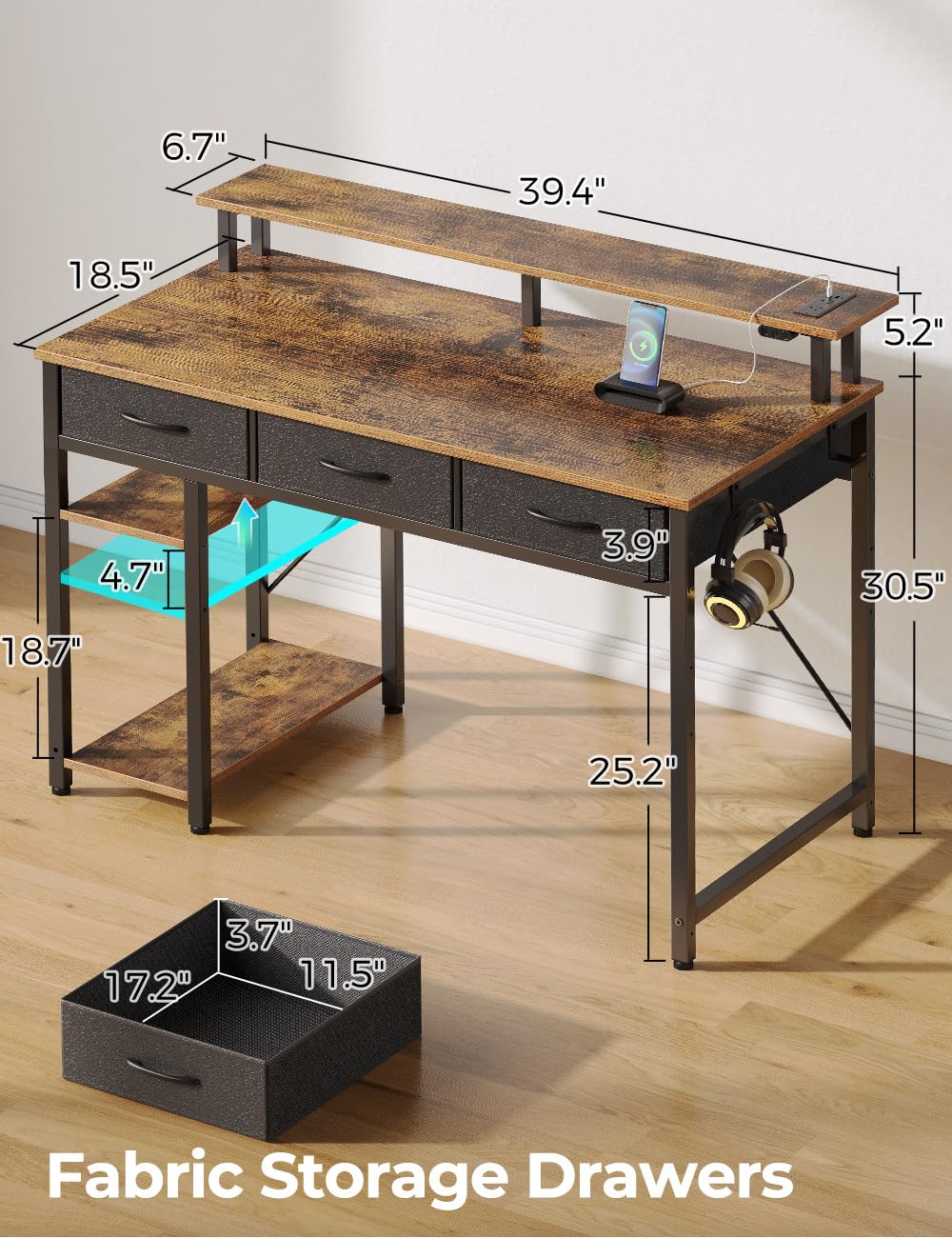 Rolanstar Computer Desk with Power Outlets & LED Light, 39 inch Home Office Desk with 3 Drawers and Storage Shelves, Writing Desk with Monitor Stand, Work Desk for Home Office,Rustic Brown Rolanstar