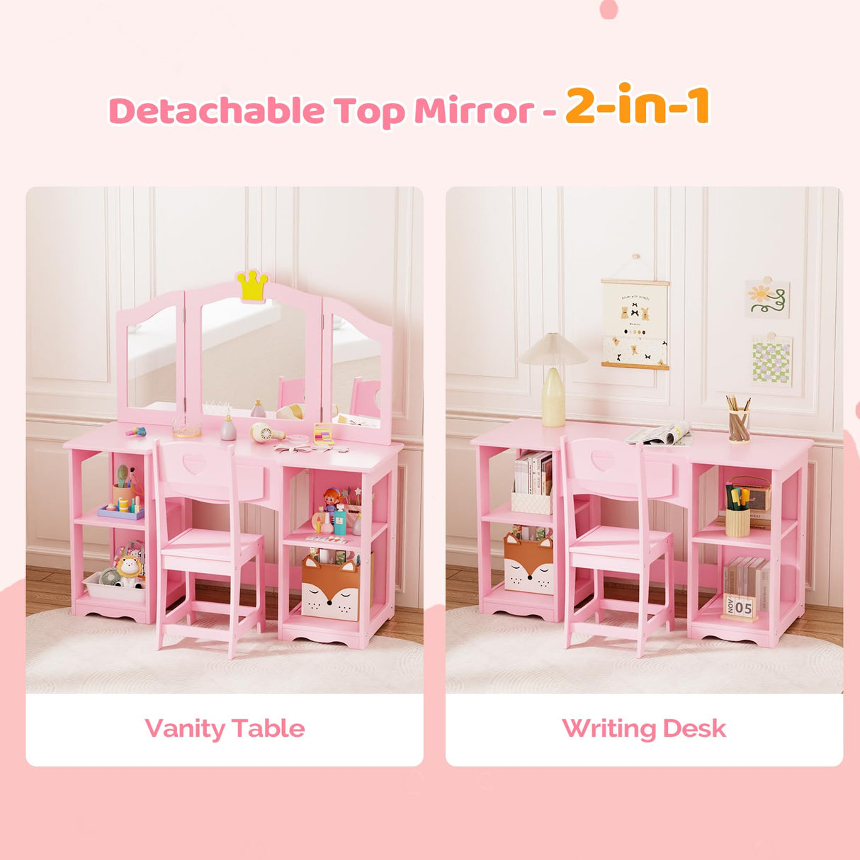 JOYMOR Kids Vanity Table and Chair Set, 2 in 1 Princess Vanity, Girls Vanity Storage Cabinet w/Tri-Folding Mirror, Beautiful Holiday, Birthday Gifts (Pink) JOYMOR
