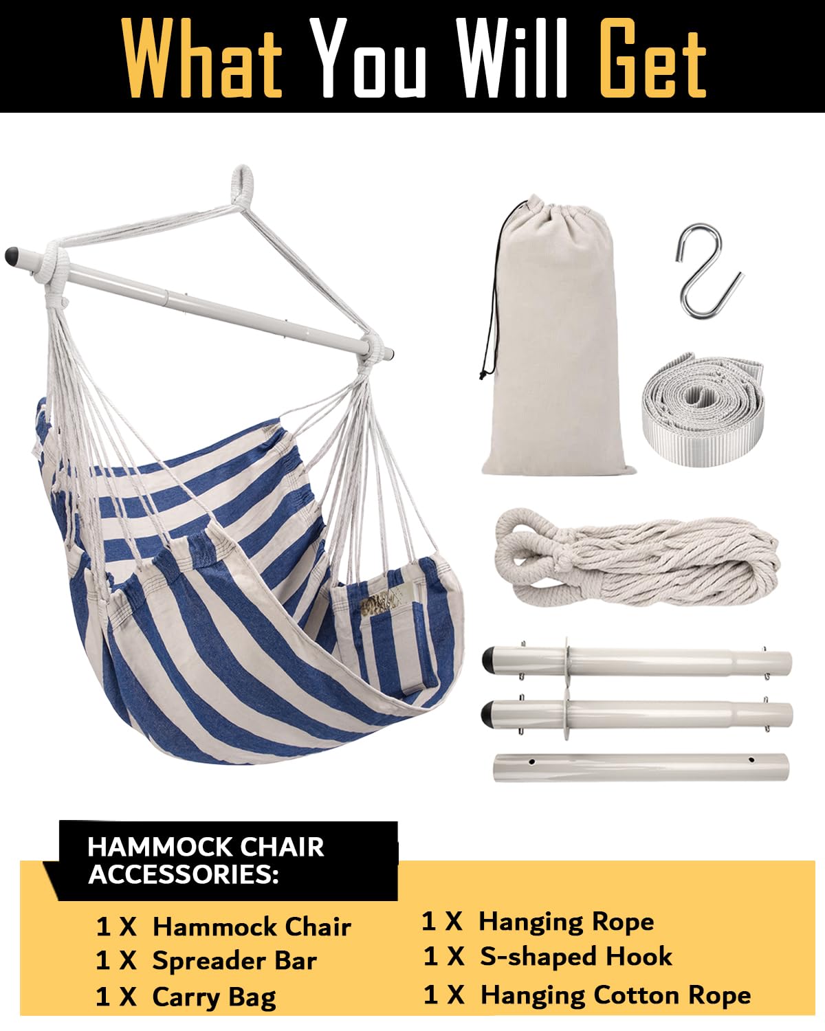 ADVOKAIR Hammock Chair Swing (500 lbs Max) - Hanging Hammock Chair Rope Swing Indoor for Bedroom, Outdoor, Patio, Bedroom, Porch, Deck - Sturdy Steel Bar with Anti-Slip Safety Rings ADVOKAIR