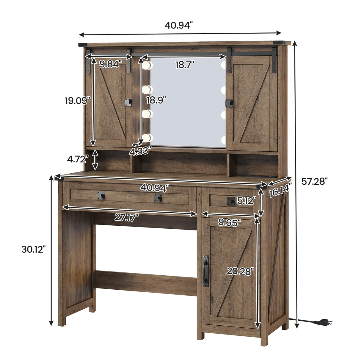 AOGLLATI Makeup Vanity with Lights & Barn Doors, Vanity Desk with Mirror and Lights & Charging Station, Farmhouse Brown Vanity Table with Jewelry Hooks and Open Storage Shelves AOGLLATI