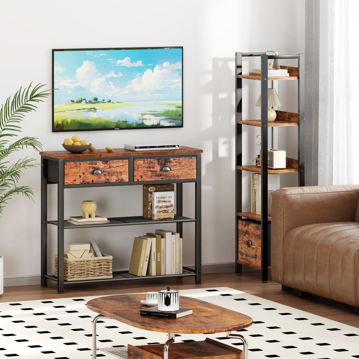 Furologee Console Sofa Table with Storage Shelf, Small 30'' Entryway Table with 2 Fabric Drawers, Industrial Table for Entry Way, Display Shelf for Hallway, Entrance, Foyer, Rustic Brown Furologee