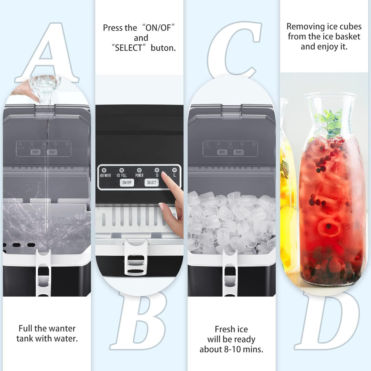 ZAFRO Countertop Ice Maker,Portable Ice Machine with Carry Handle,Self-Cleaning,Basket and Scoop,9 Cubes in 6 Mins,26.5lbs/24Hrs,2 Sizes of Bullet Ice,for Home,Kitchen,Party,Black ZAFRO