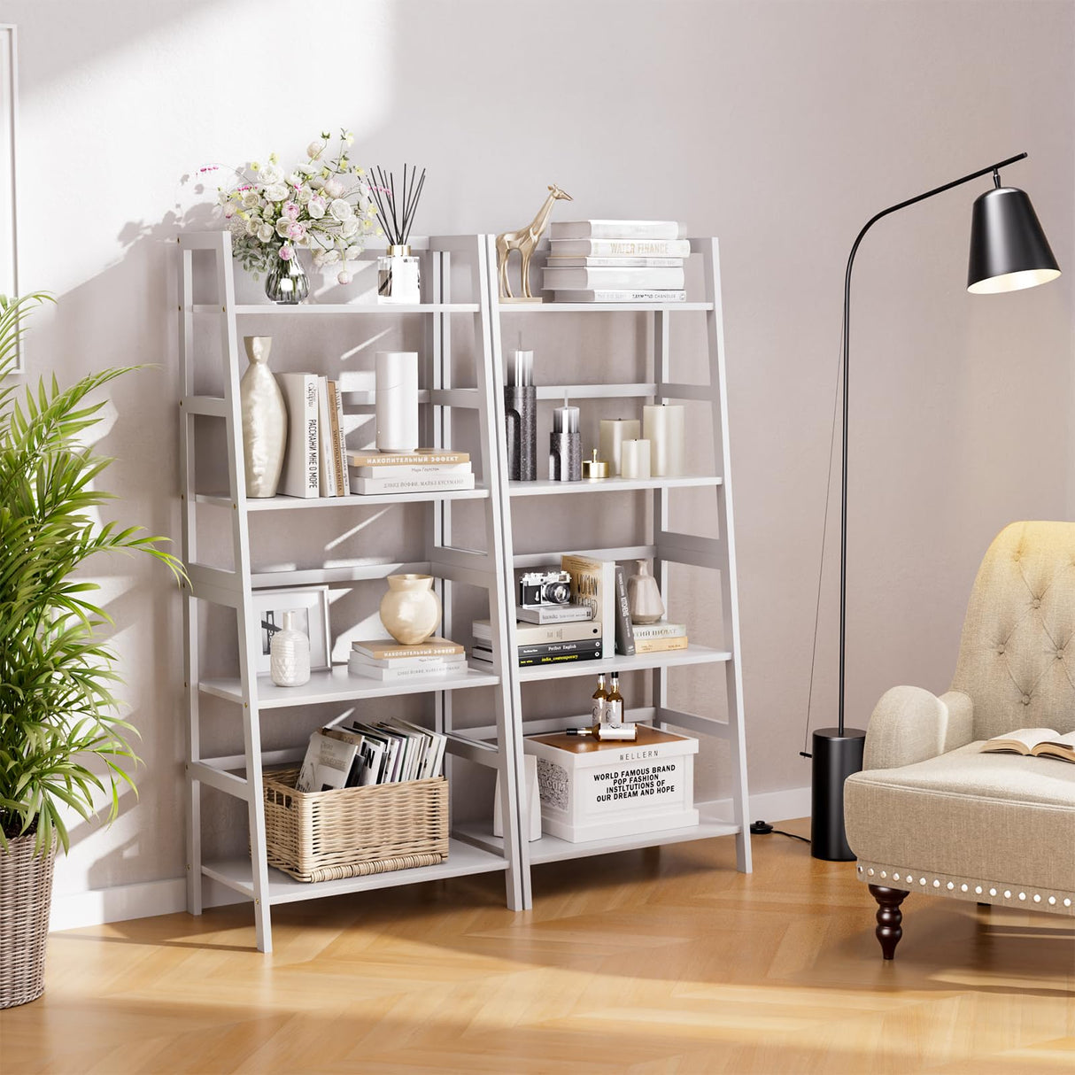 HITNET Ladder Shelf, 4 Tier Bookshelf, Floor Standing Bathroom Storage Rack with Bamboo Frame, Home Office Open Display Bookcase, White HITNET