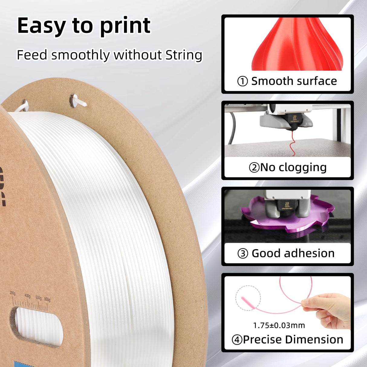 Silk PLA Filament 1.75mm, PLA Filament 1.75mm Silk Shiny 3D Printer Filament, 1kg Cardboard Spool (2.2lbs), Dimensional Accuracy +/- 0.03 mm, Fit Most FDM Printer(White) 3DHoJor