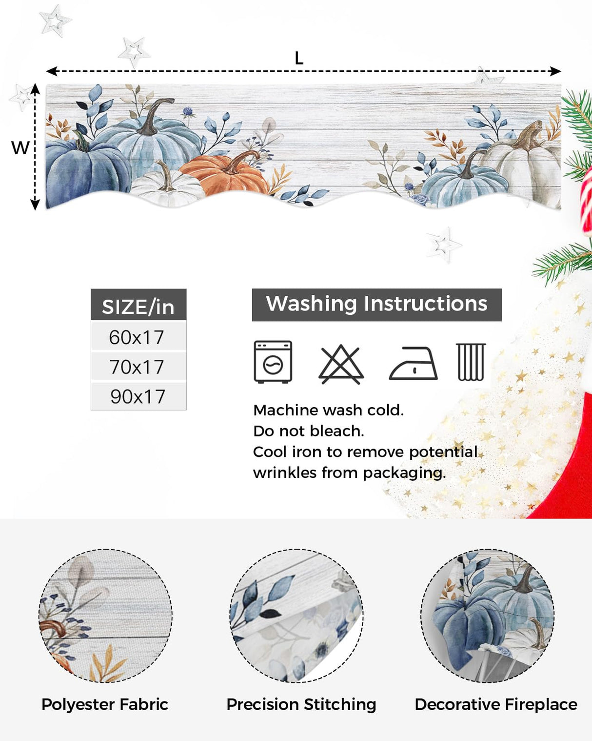 EwdeWwo Fall Mantel Scarf for Fireplace, Blue Leaf Pumpkin Wood Grain Texture Fireplace Cover Decorations Indoor Thanksgiving Mantel Top Scarf Runner for Seasonal Autumn Holiday Party, 17 x 60 Inch EwdeWwo