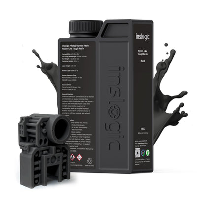 Inslogic Nylon-Like Tough 3D Printer Resin, High Impact Resistance & Flexibility for LCD, DLP, SLA Resin 3D Printers, Durable, Low Shrinkage, 365-405nm UV-Curing Resin for Functional Parts, 1kg, Black