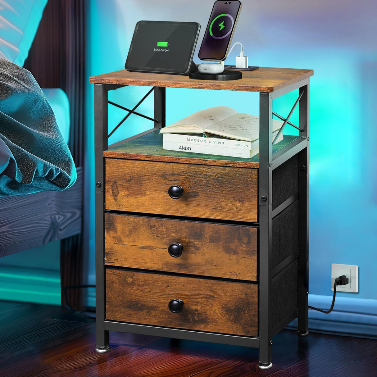 3 Drawer Wood and Metal Nightstand with LED Lights - 16"Wร12"Dร24"H Small Wood End Table with Charging Station, 20 Colors LED Bedside Table with Open Shelf, 3 Fabric Drawers with Wooden Front Panel Caredear