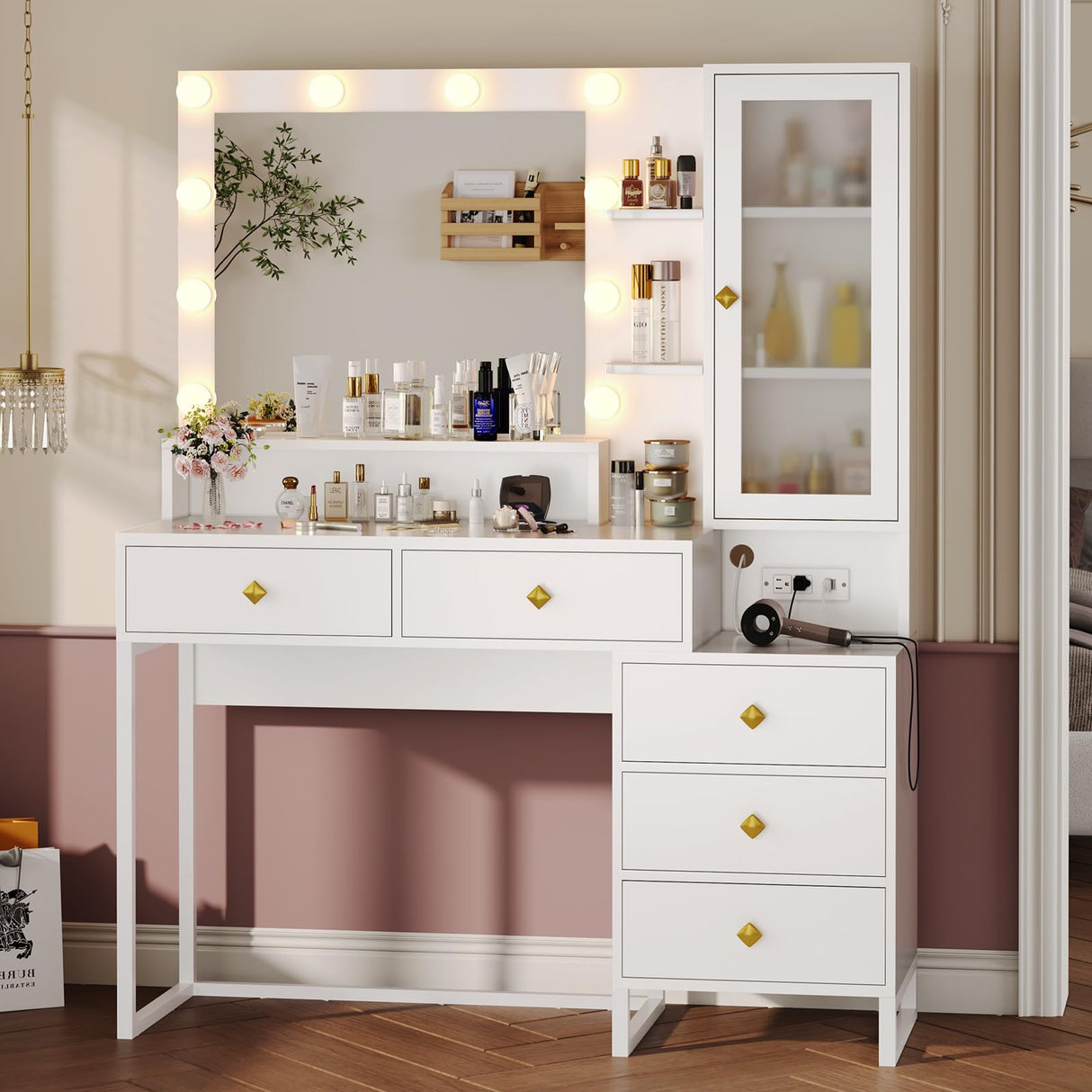 Tiptiper Vanity Desk with Mirror and Lights, Makeup Vanity with Lights & Charging Station, Makeup Desk with 5 Drawers & Storage Shelves, White Tiptiper