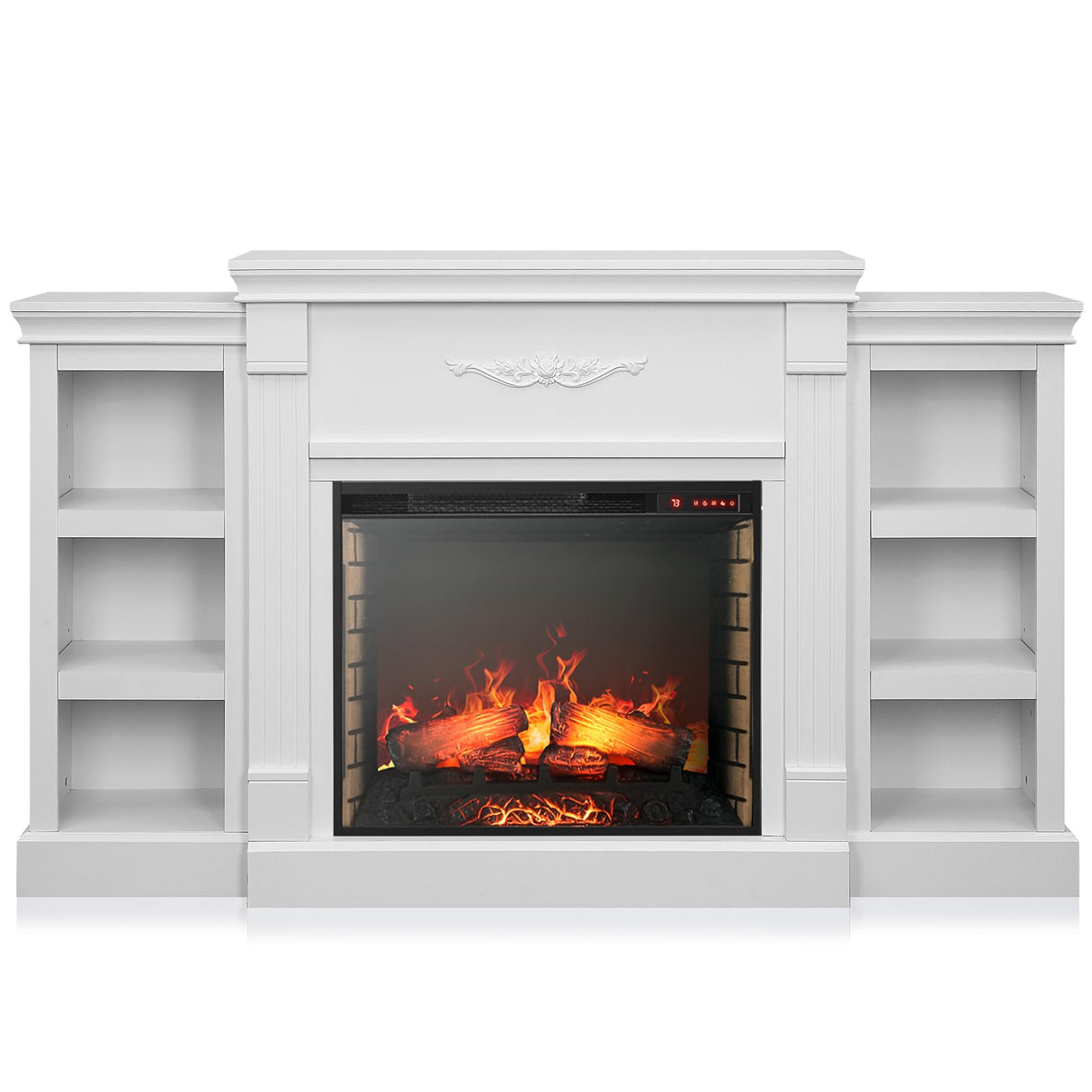 BELLEZE Modern 70" Electric Fireplace Heater Mantel TV Stand & Media Entertainment Center for TVs up to 68" with Energy-Efficient Heater With Sound and Side Book Shelves - Lenore (White) BELLEZE