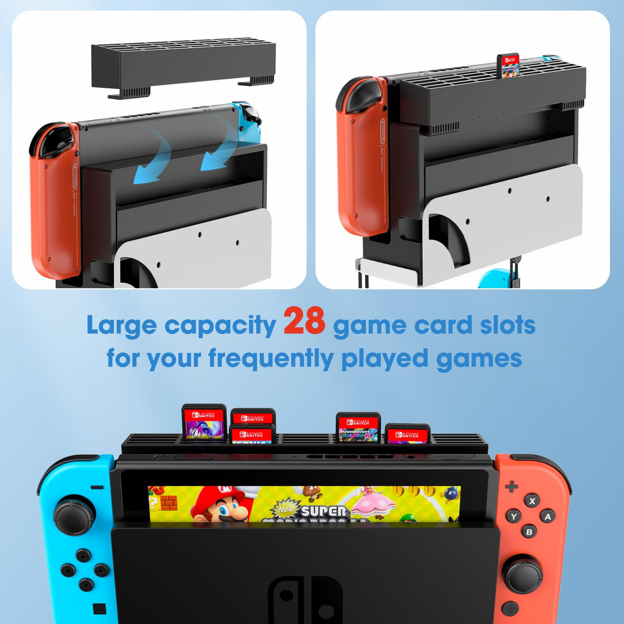 KUNSLCUK Wall Mount for Switch and Switch OLED, Metal Wall Mount Stand Accessories with 28 Game Cards Holder and 2 Joy-Con Hooks, Safely Mount your Switch on Wall Near TV (White) KUNSLUCK