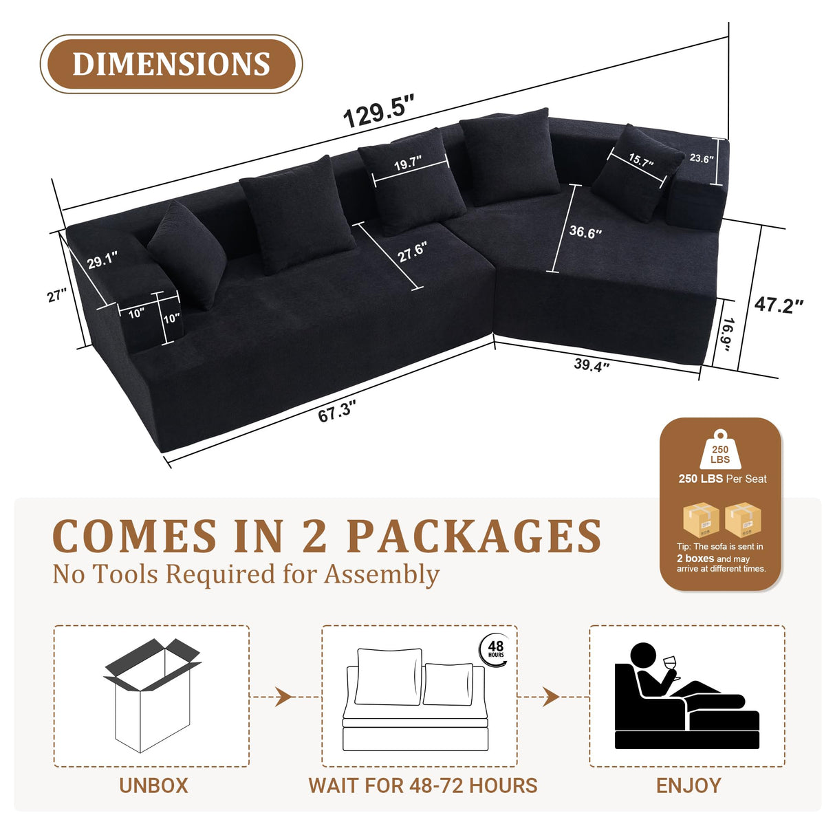 EYATZO 129.5" Modular Sectional Sofa, Modern Cloud Curved Couch with Deep Seat, Upholstered Boneless Couches for Living Room, Apartment, No Assembly Required, Chenille Fabric, Black EYATZO