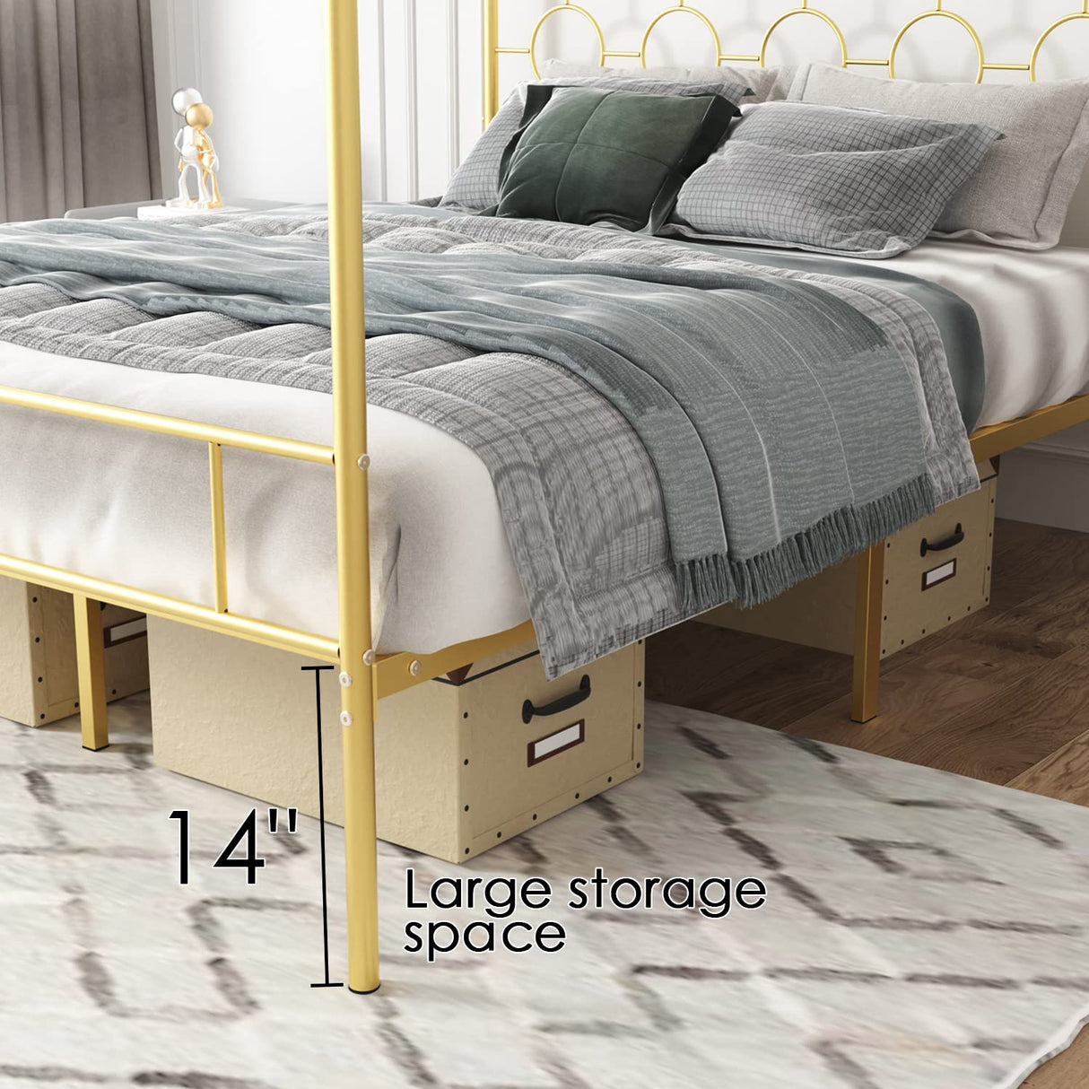 PAUKIN Gold Metal Canopy Bed Frame King/Mattress Foundation with Steel Slat Support/No Box Spring Needed/Easy Assembly (Gold, King) PAUKIN