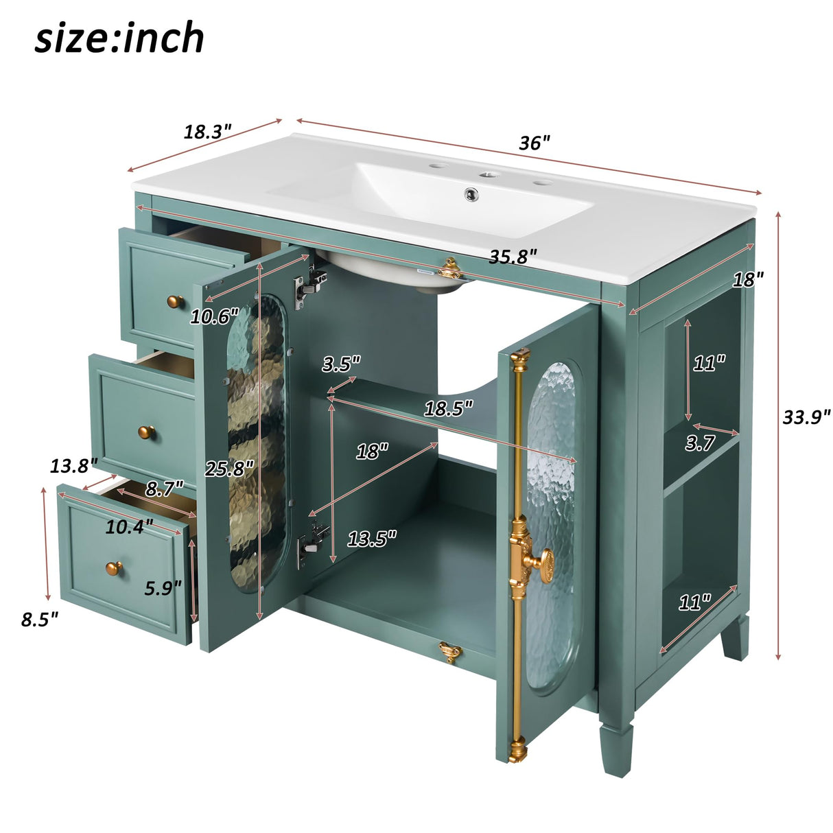 LUMISOL 36 Inch Bathroom Vanity with Sink, Free Standing Bathroom Sink Cabinet with 3 Drawers, 2 Glass Door & Side Storage, Vintage Bathroom Vanities with Ceramic Sink, Solid Wood Frame, Green LUMISOL