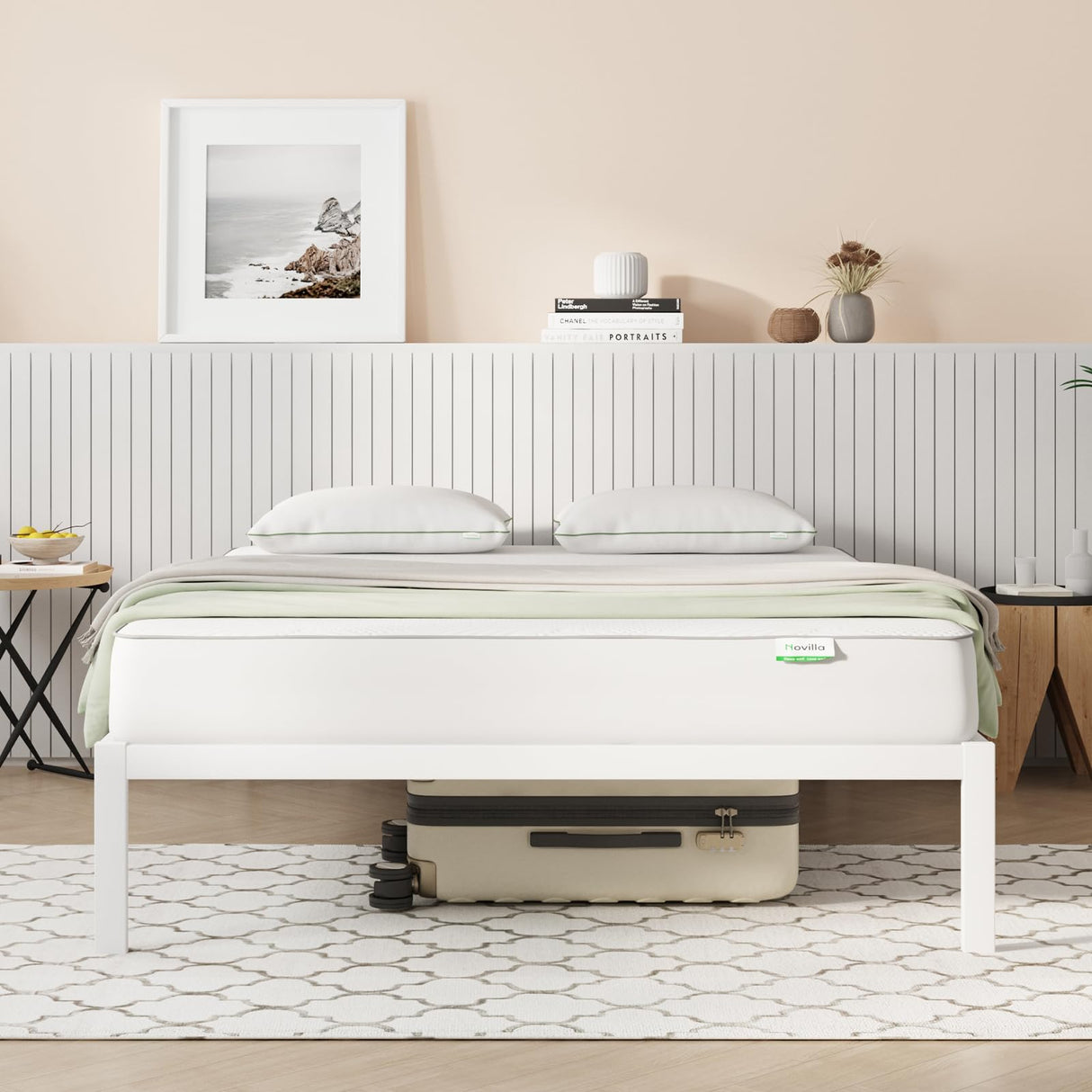 Novilla Full Size Bed Frame Without Headboard, Metal Platform Bed Frame, No Box Spring Needed, Heavy Duty, Wood Slat Support, Easy Assembly, White Novilla