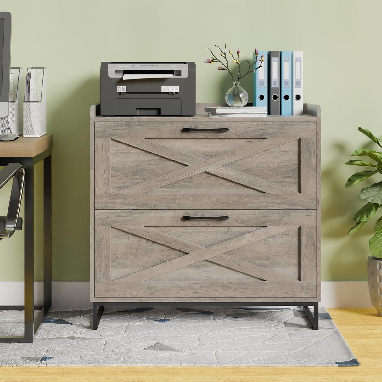 Lateral File Cabinet 2 Drawer File Cabinet with Charging Station for Legal/Letter/A4 Size Hanging Files, Modern Farmhouse Large Wood File Storage Cabinet for Home Office Furniture(Washed Gray) Vabches