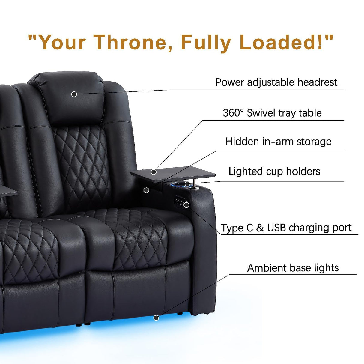 comfiroom Home Theater Seating Seats Classic Series Top Grain Nappa Leather Loveseat Recliner Chairs Dual Power Movie Gaming Sofa Chair Electric Headrest with Tray Table (Black, Row of 2 Loveseat) comfiroom