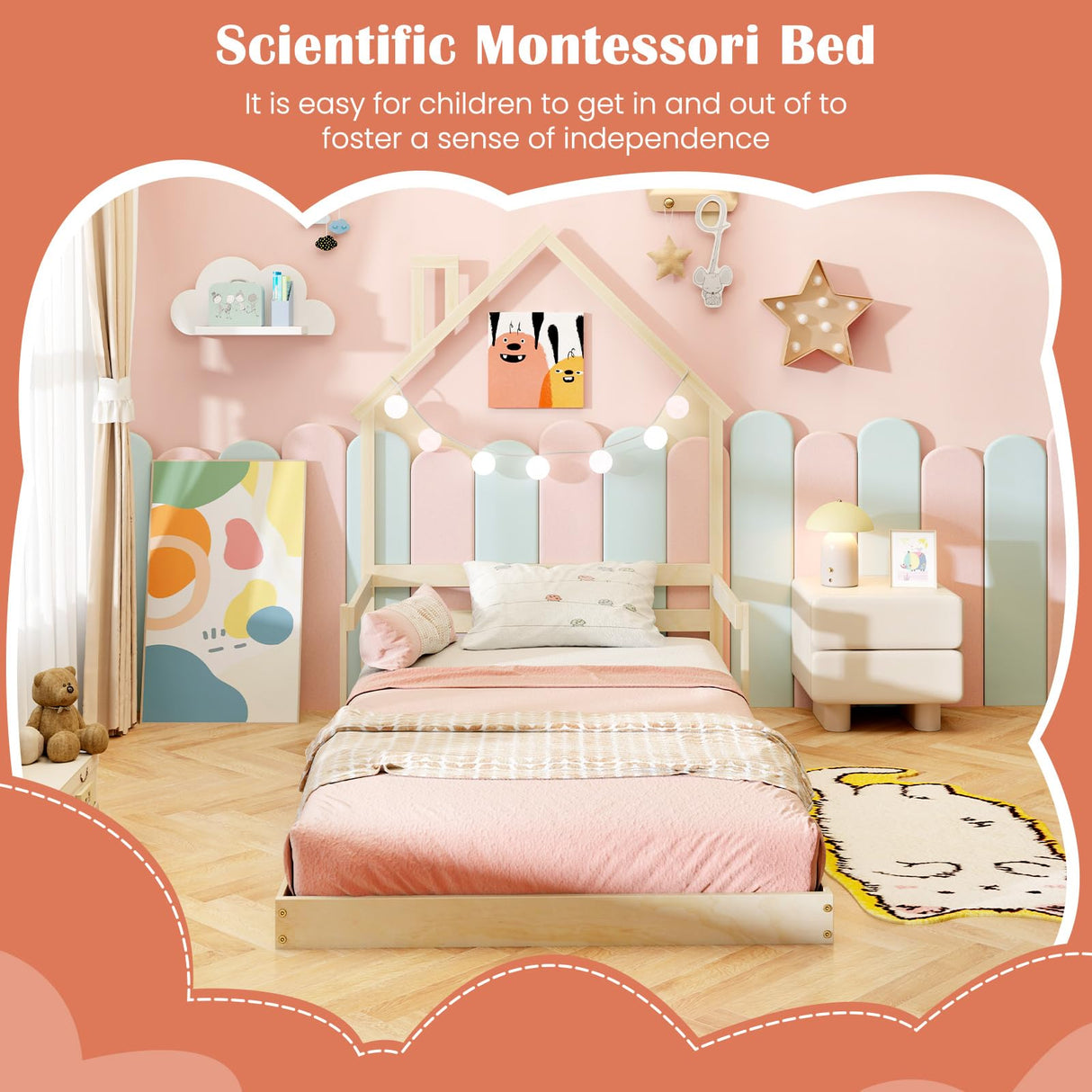 Giantex Twin Floor Bed for Kids, Wood Montessori Floor Bed with Chimney Headboard & Handrail, House Floor Bed Without Slats, Low to Ground Height, Floor Bed Twin for Boys, Girls (Natural) Giantex