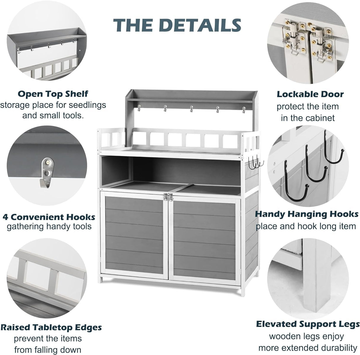 GRAVFORCE Outdoor Potting Bench Table, Garden Potting Benches for Outside Planting Work Bench Table Wooden Storage Plant Table Cabinet Gardening Table for Patio, Garden, Greenhouse, Backyard (Gray) GRAVFORCE