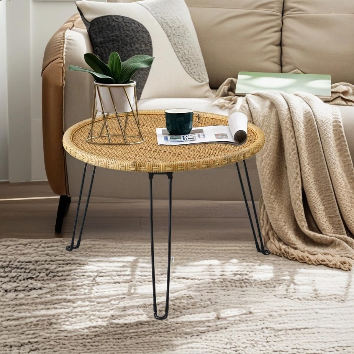 XQXJJZSP Boho Living Room Round Coffee Table 24 X 18 Inch, Handmade Decorative Coastal Wicker Side Tables, Foldable Rattan End Tables Bedroom Balcony Couch