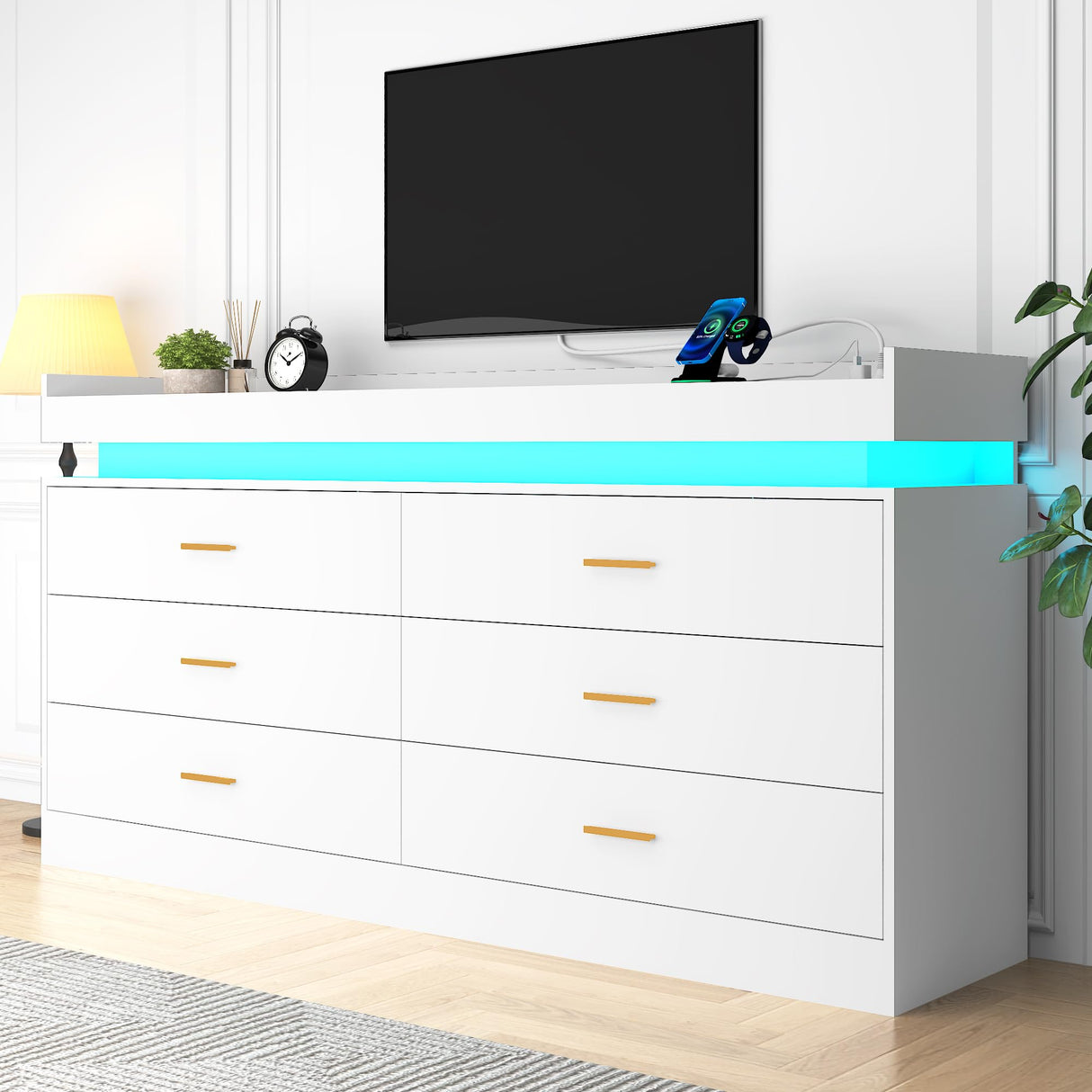 Hlivelood 6 Drawer Dresser with LED Light and Charging Station, 59" Modern Chest of Drawers for Closet, Wide Drawer Organizer Cabinet for Bedroom, Living Room, Entryway, Hallway, White Hlivelood