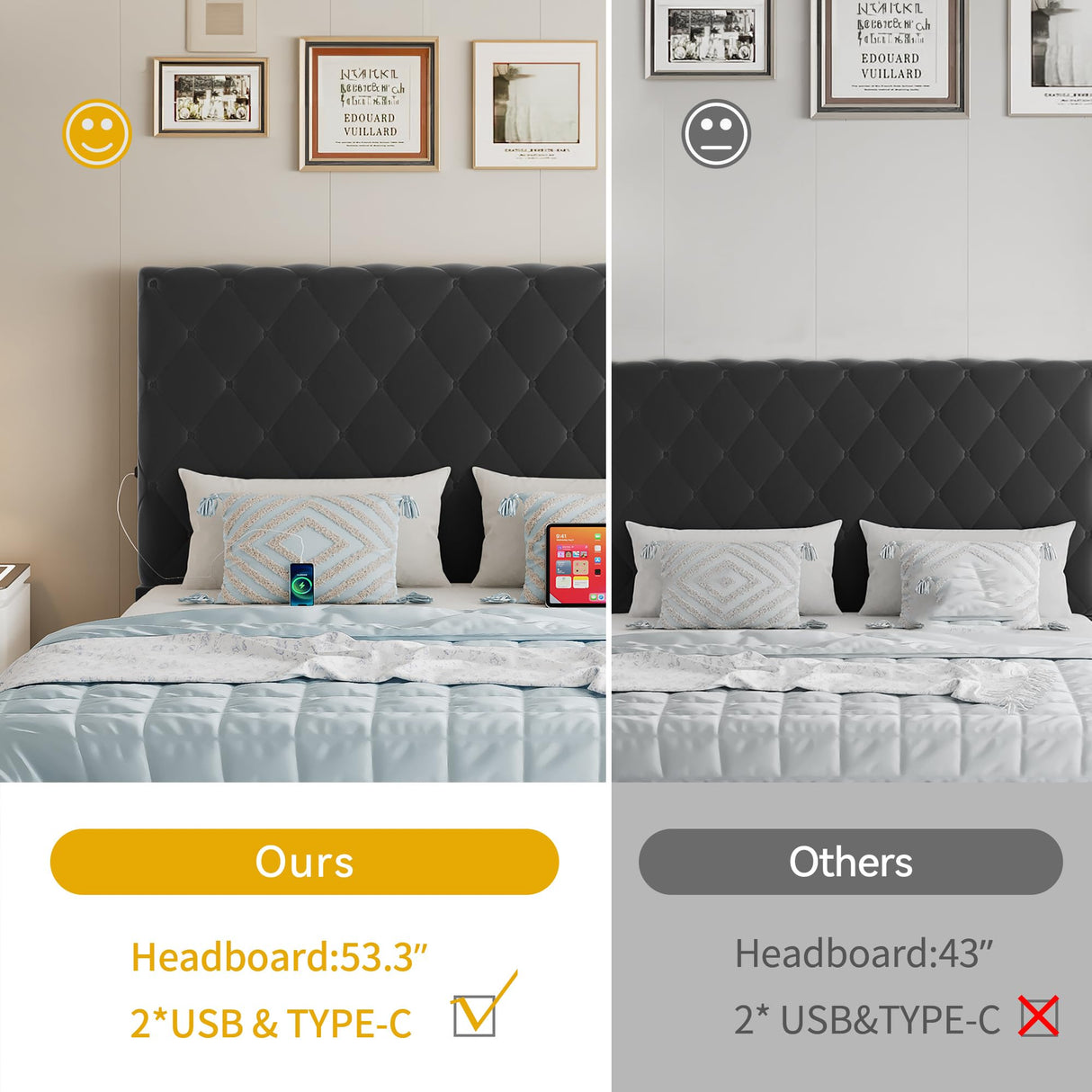 DWVO King Bed Frame with 53" Tall & 2 Charging Station, Velvet Upholstered Platform Bed with Button Tufted Headboard,No Box Spring Needed,Noise-Free (Black, Queen) DWVO