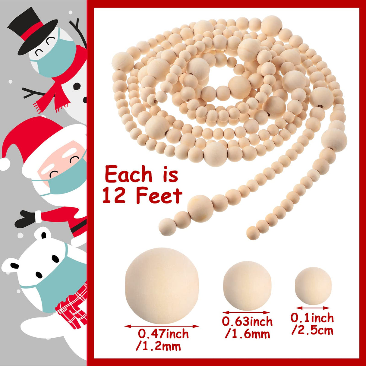 Yinder 4 Pcs 48 Feet Christmas Wooden Beaded Garland 11.8 ft Christmas Tree Garland Beads Farmhouse Rustic Wall Hanging Decor Boho Hanging Decorations for Xmas Holiday Mantel Home Party(Natural) Yinder