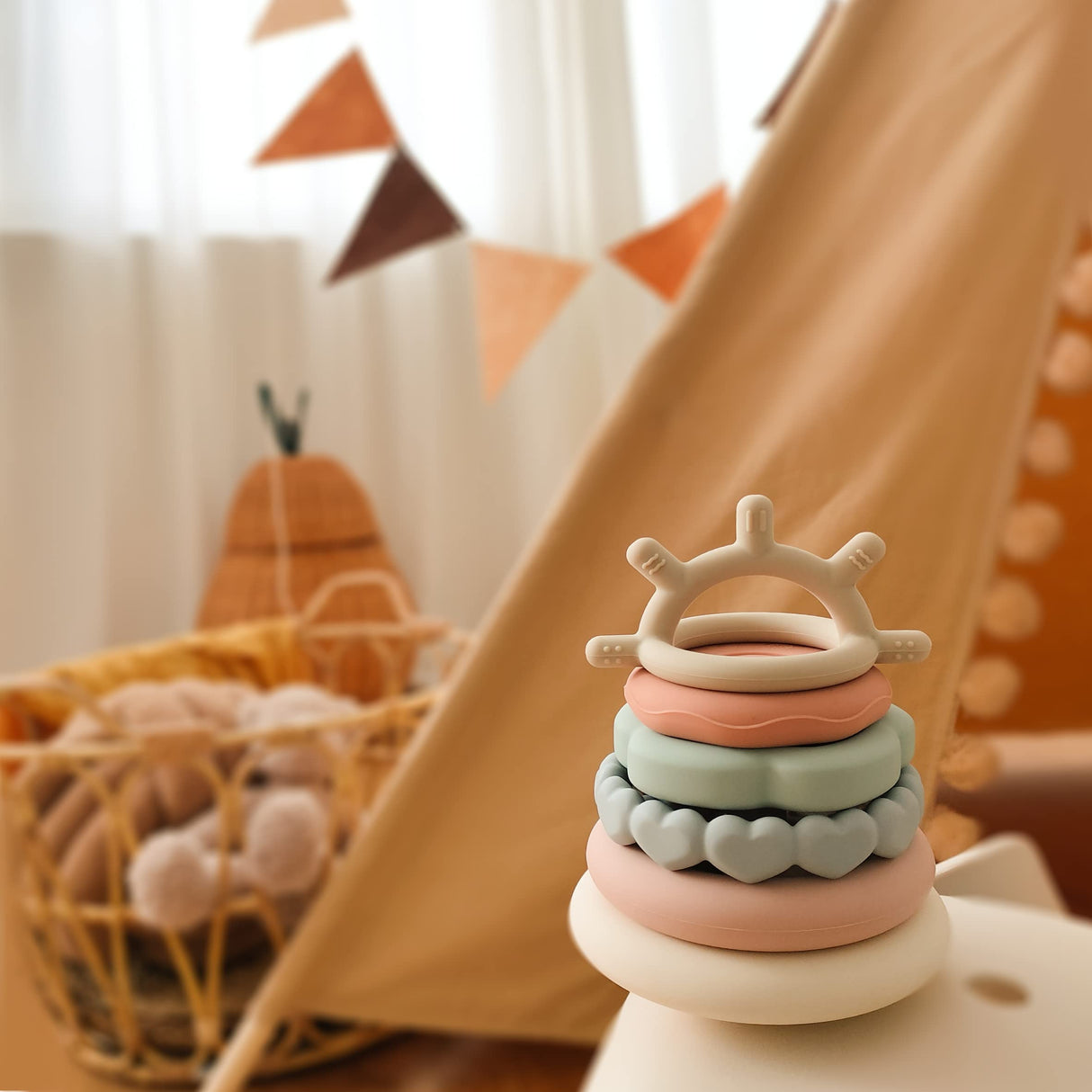 Moonkie Stacks of Circles Soft Teething Toy | Educational Learning Baby Toy | Stacking Ring Toys for Babies Boy and Girl | 7 Piece Teethers Set Moonkie