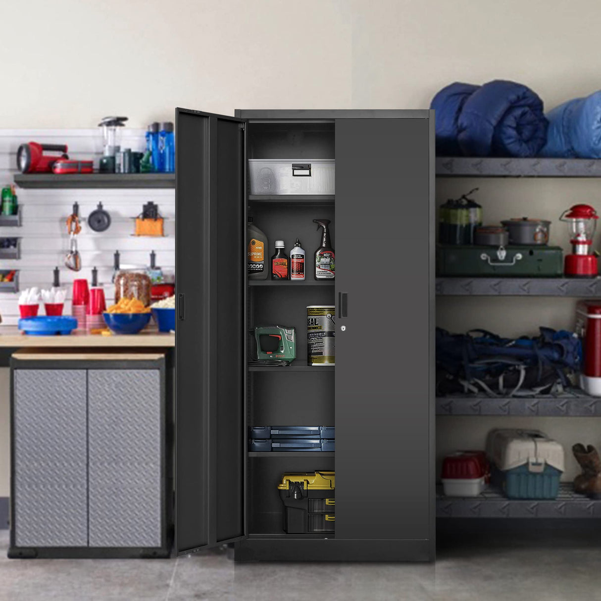 Wanfu Metal Storage Cabinet with Locking Doors and Adjustable Shelves, 71” Tall Steel Storage Cabinets for Garage, Home Office, Pantry(Black) Wanfu