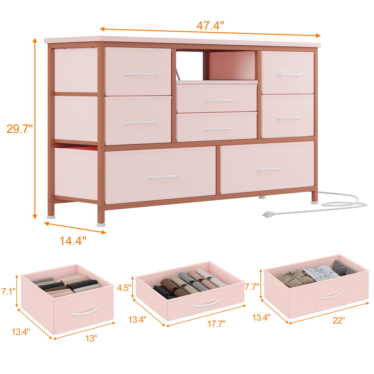 Dresser TV Stand with Power Outlet & LED Lights for 55'' TV,8 Drawers Entertainment Center, Fabric Chest of Drawers with Wood Top, TV Stands for Bedroom, Living Room, Pink SunnyFurn