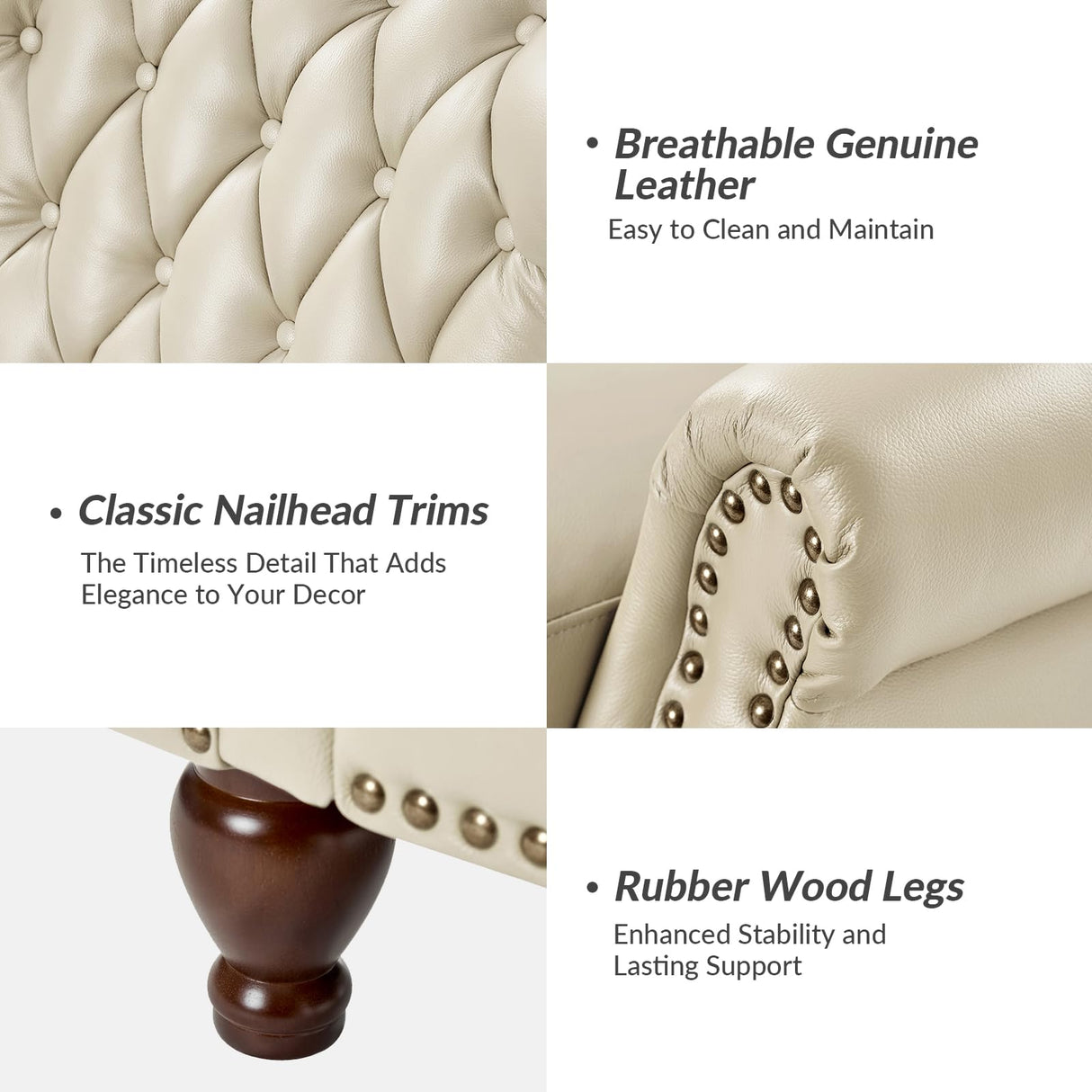 HULALA HOME Genuine Leather Recliner Chair with Solid Wood Feet, Modern Adjustable Tufted Push Back Arm Chair w/Rivet Decoration, Home Theater Seating Single Reclining Sofa for Living Room, Beige HULALA HOME