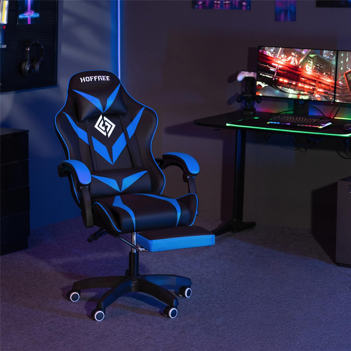 HOFFREE Massage Gaming Chair for Kids Computer Gamer Chair with Footrest and Lumbar Support Reclining PC Game Chair with Headrest for Gaming Room Blue and Black HOFFREE