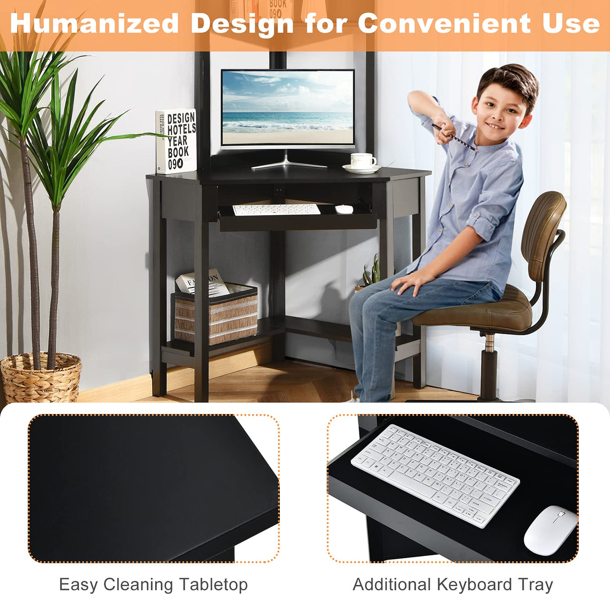 Tangkula Corner Desk with Hutch, 90 Degrees Triangle Corner Computer Desk with Keyboard Tray & Bookshelves for Small Space, Space Saving Corner Writing Desk for Bedroom Tangkula