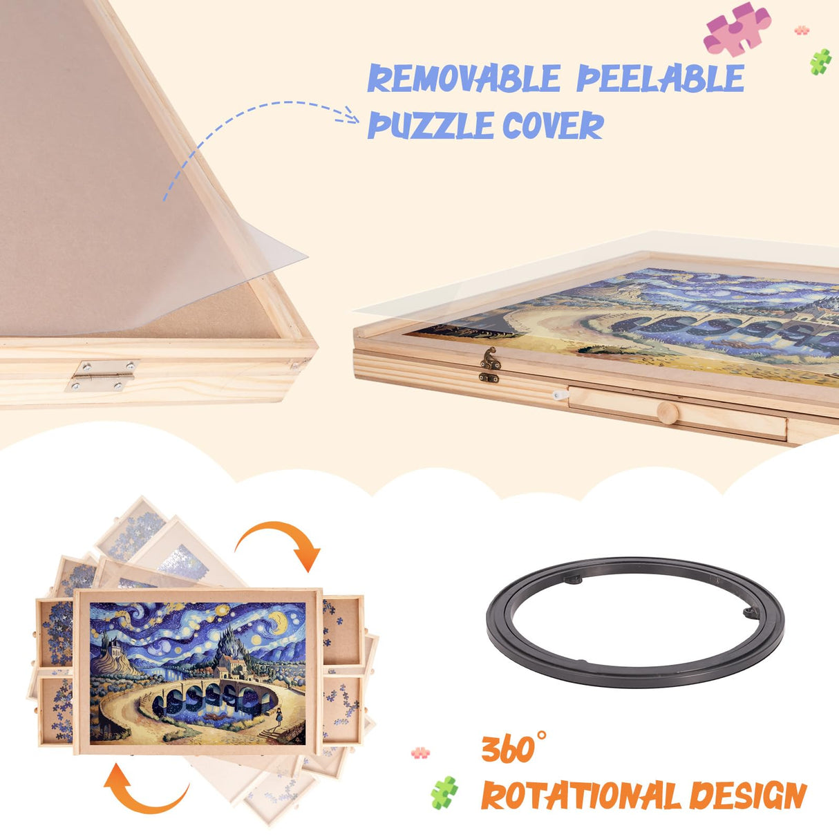 Miereirl 1500 Pieces Wooden Puzzle Table with 6 Drawers and Cover, Adult Portable Puzzle Board 35.43” x 23.43” Rotating Wooden Jigsaw Puzzle Plateau Used for Puzzle Storage and Sorting Miereirl