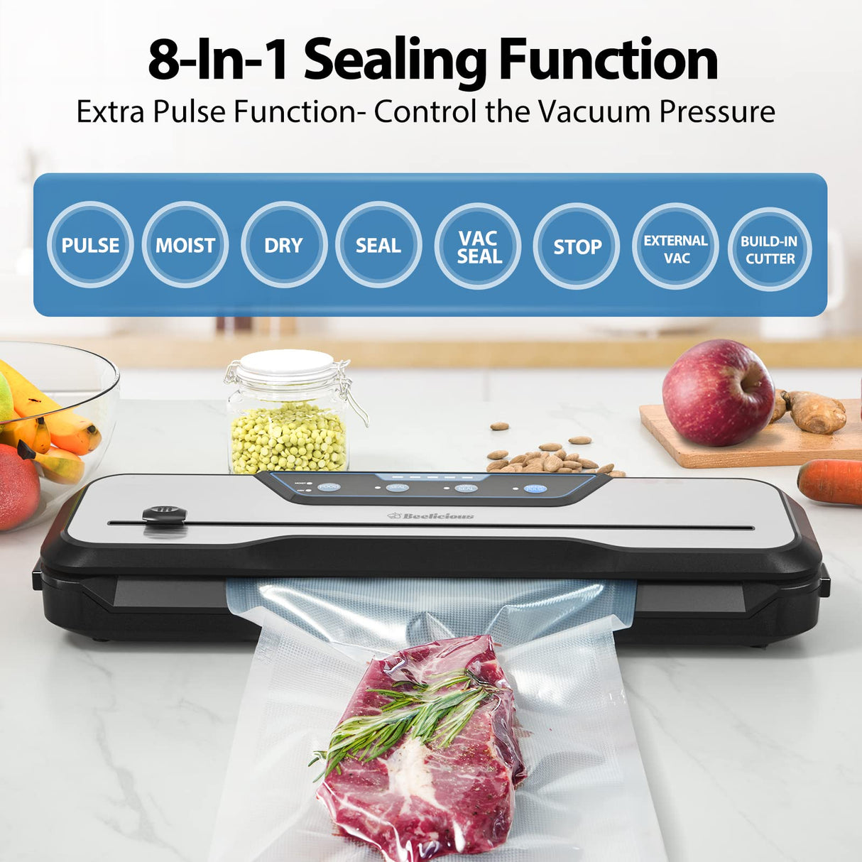 Vacuum Sealer Machine, with Starter Kit and 2-Year Warranty, Beelicious Automatic Air Sealing for Food Storage, Build-in Cutter, Moist Mode, EXT-VAC Beelicious