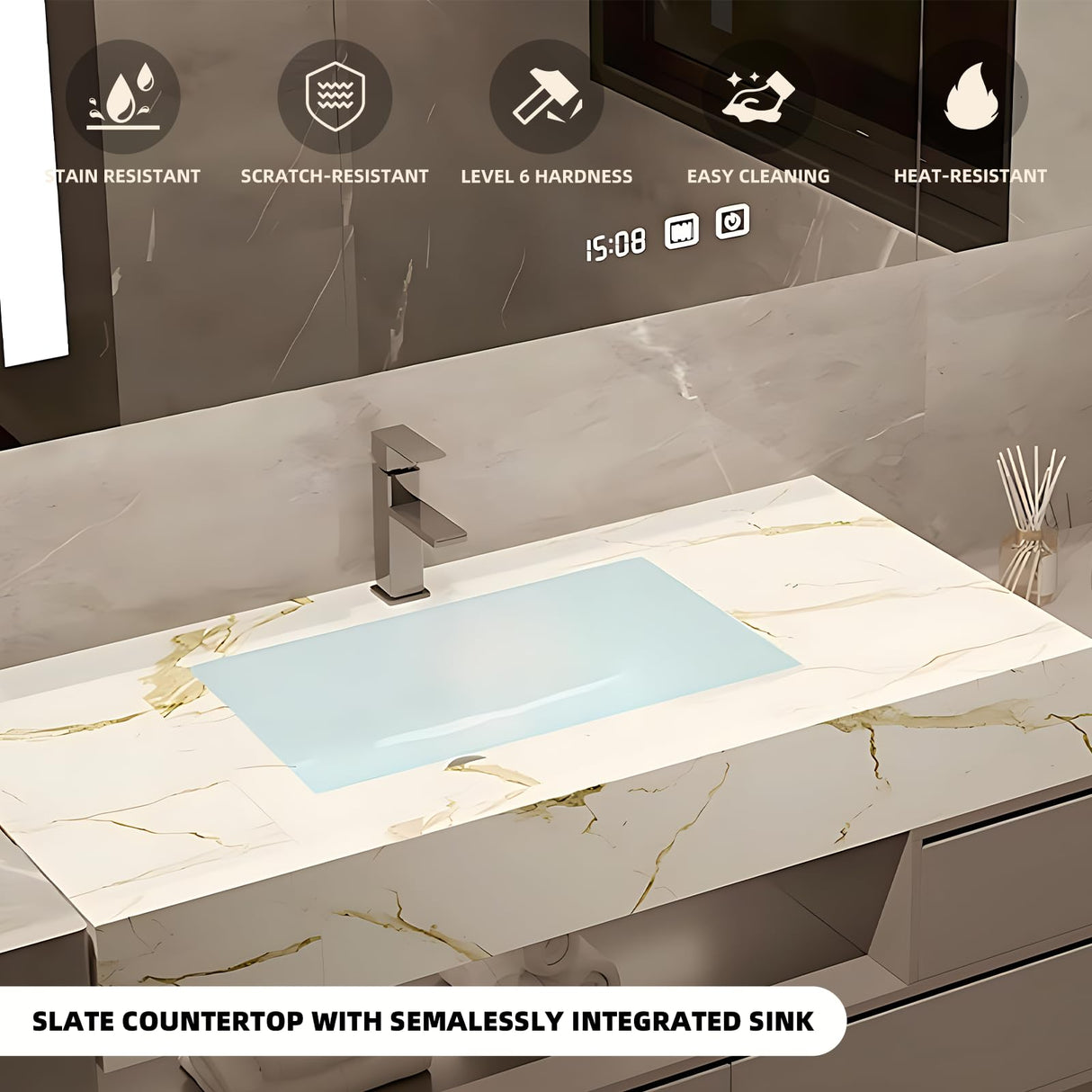 LUTHXAY Bathroom Vanity Set, Floating Bathroom Vanity with Single Sink, Solid Wood Bathroom Vanity Includes Smart Anti-Fog Mirror & Integrated Sink & Countertop, Large Capacity Mirror Cabinet (36IN) LUTHXAY