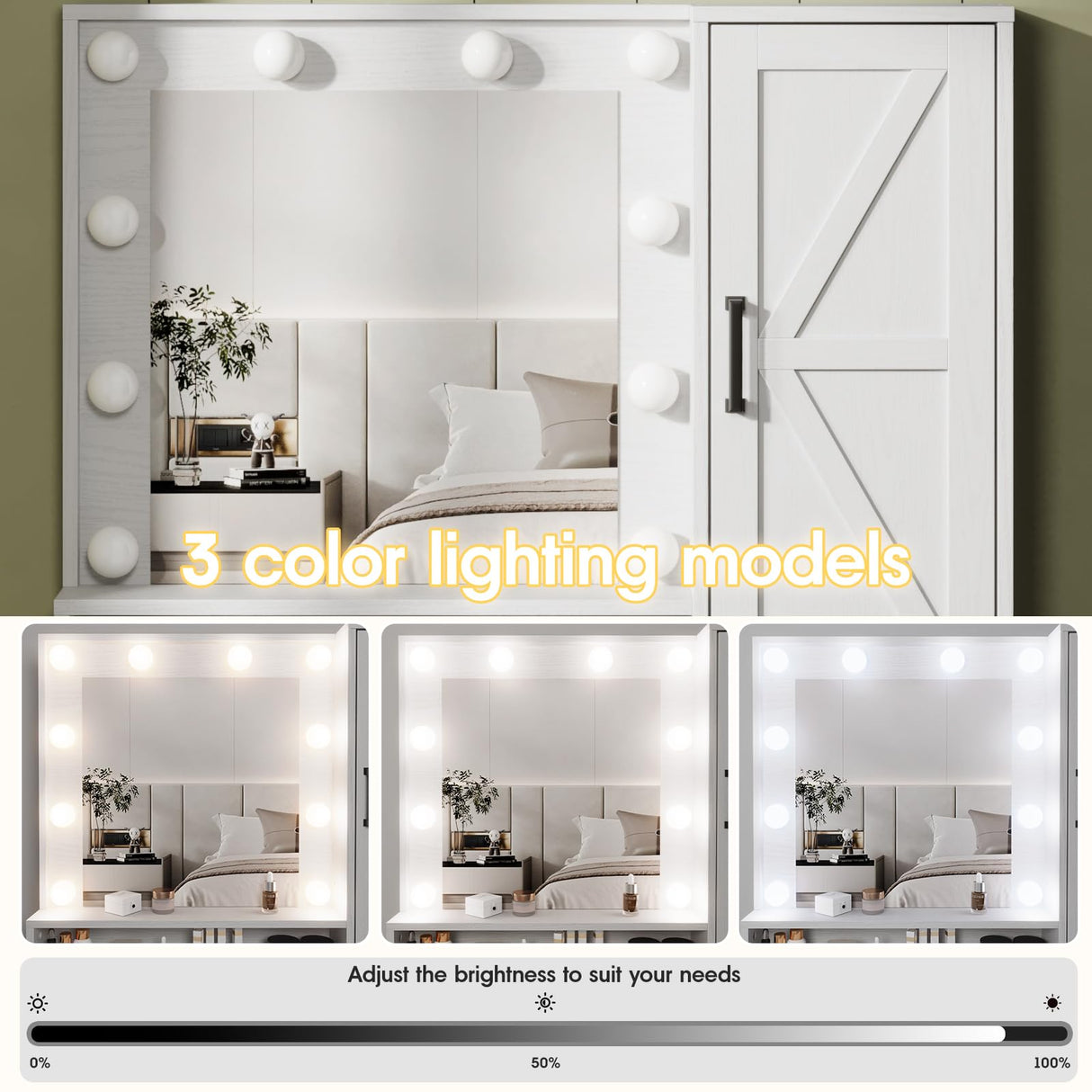 Fameill Vanity Desk with Mirror and Lights,Make up Vanity with Chair and Outlet,Dressing Table with Jewelry Cabinet, Bedroom Vanity with 2 Drawers, 3 Lighting Colors,36.4 inch,White Fameill