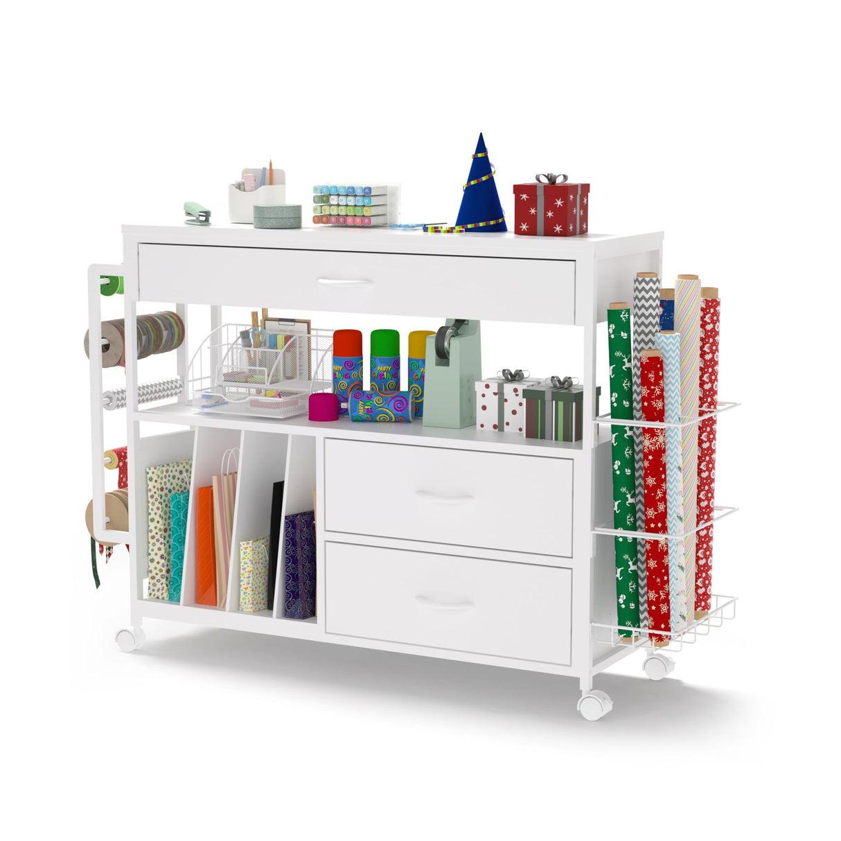 Craft Organization and Storage cart,Gift wrap Organizer Storage,Wrapping Paper cart,Wrapping Station (3 Wooden Drawers) Anrigeail