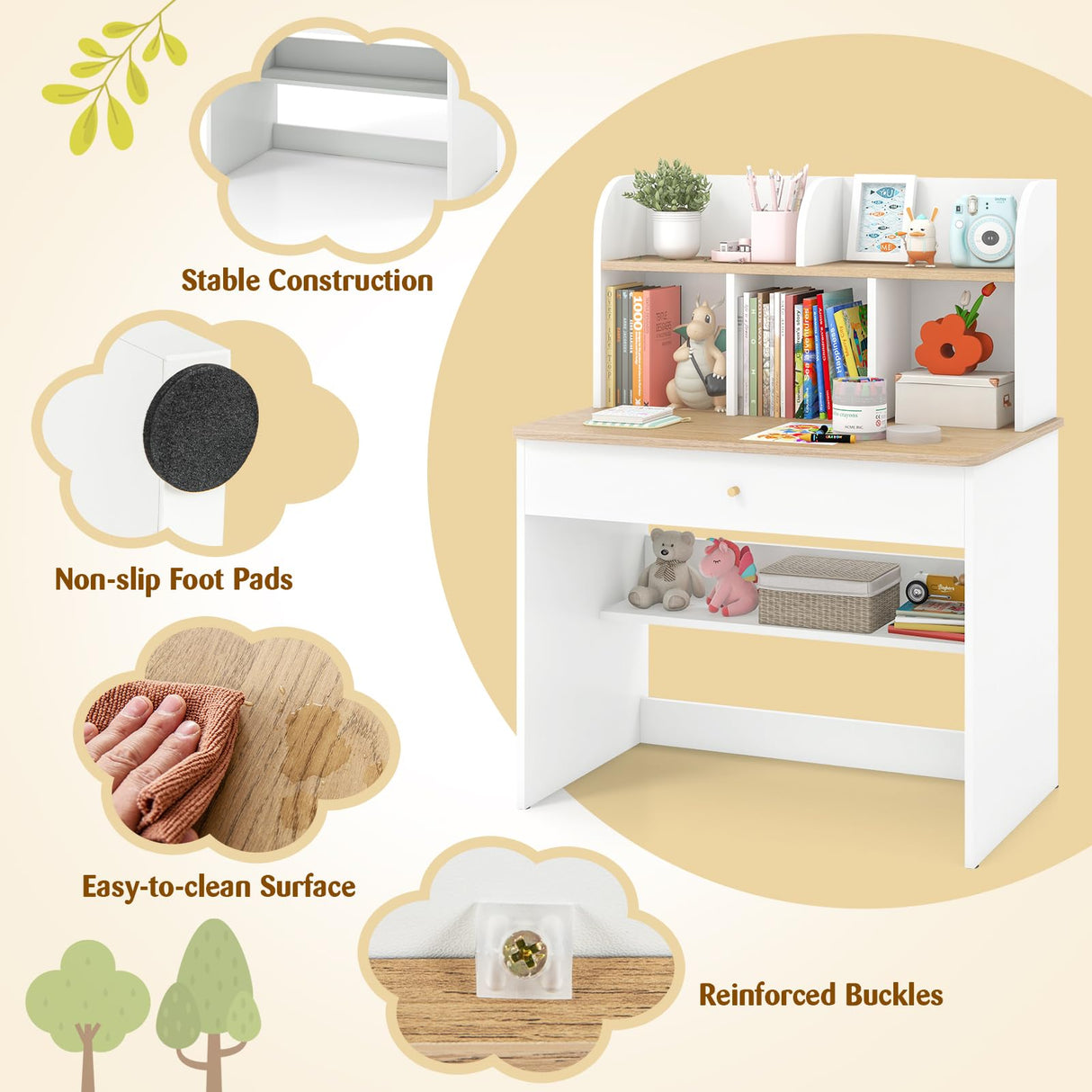 HONEY JOY White Kids Desk, Wooden Children School Study Table with Hutch, Pull-Out Drawer, Storage Shelves, Student Writing Desk Computer Workstation for Bedroom, 3+ Years Old HONEY JOY
