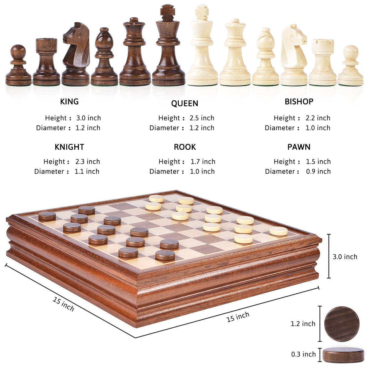VAMSLOVE Chess and Checkers Board Game Sets for Adults Wooden Deluxe 15 inch Wood Board Box with Storage, Classic 2 in 1 Large Size with Chess Pieces - 3” King Height - 2 Extra Queens Vamslove